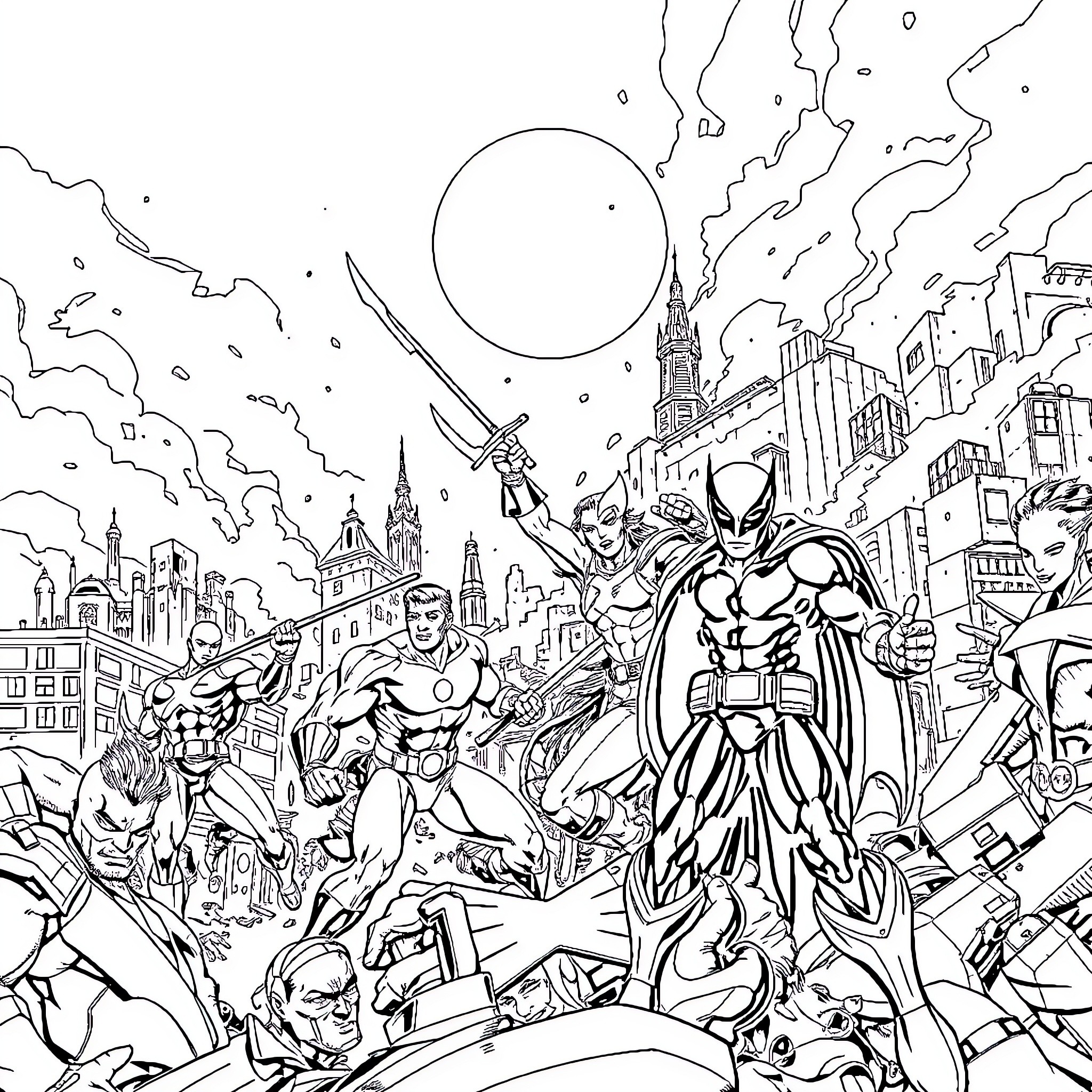 X-Men Battling Villains in the City Coloring Page (free black-and-white line drawing printable PDF for all, from beginners to advanced learners, including children, teens, adults, and seniors)