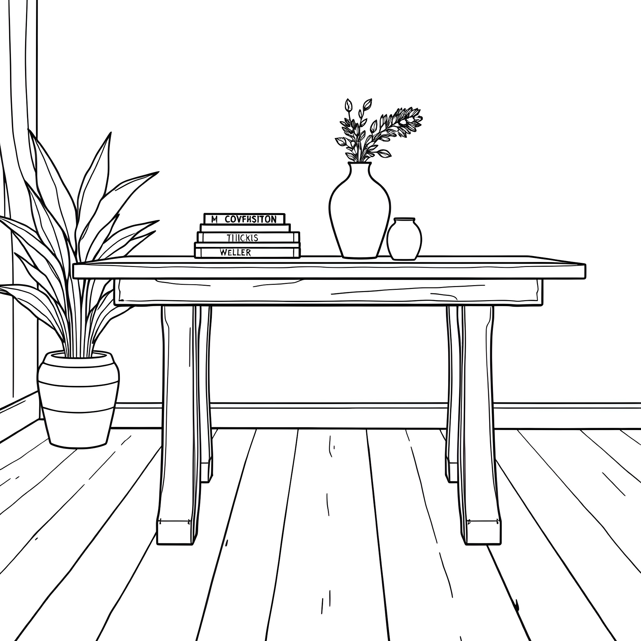Table with Books and Potted Plants Coloring Page (free black-and-white line drawing printable PDF for all, from beginners to advanced learners, including children, teens, adults, and seniors)