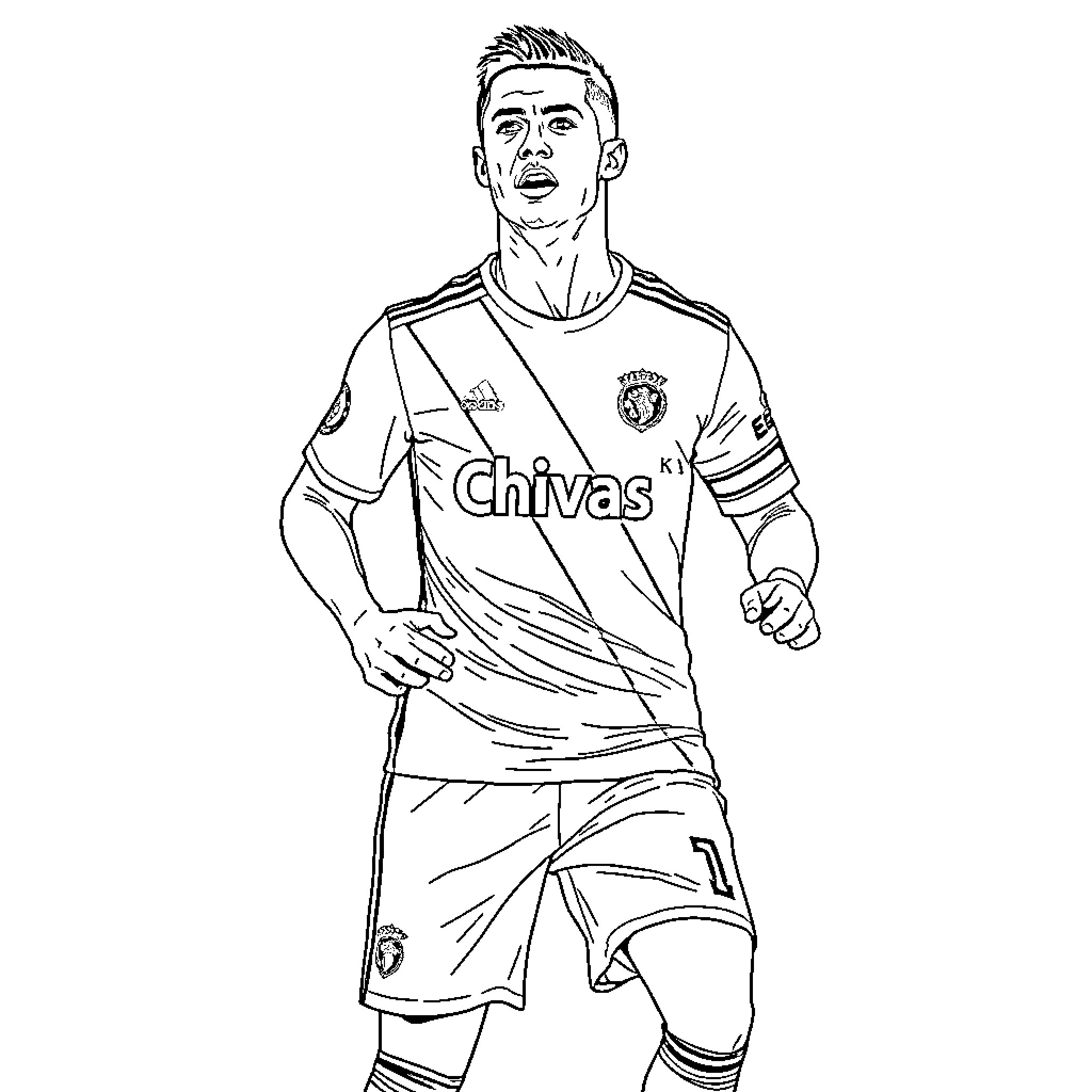 Cristiano Ronaldo in action wearing soccer uniform Coloring Page (free black-and-white line drawing printable PDF for all, from beginners to advanced learners, including children, teens, adults, and seniors)