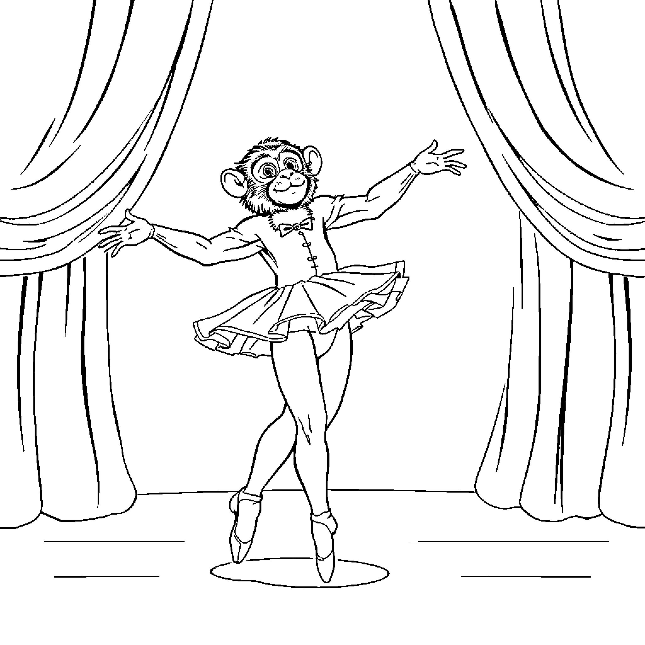 Bailarina monkey performing graceful ballet dance Coloring Page (free black-and-white line drawing printable PDF for all, from beginners to advanced learners, including children, teens, adults, and seniors)