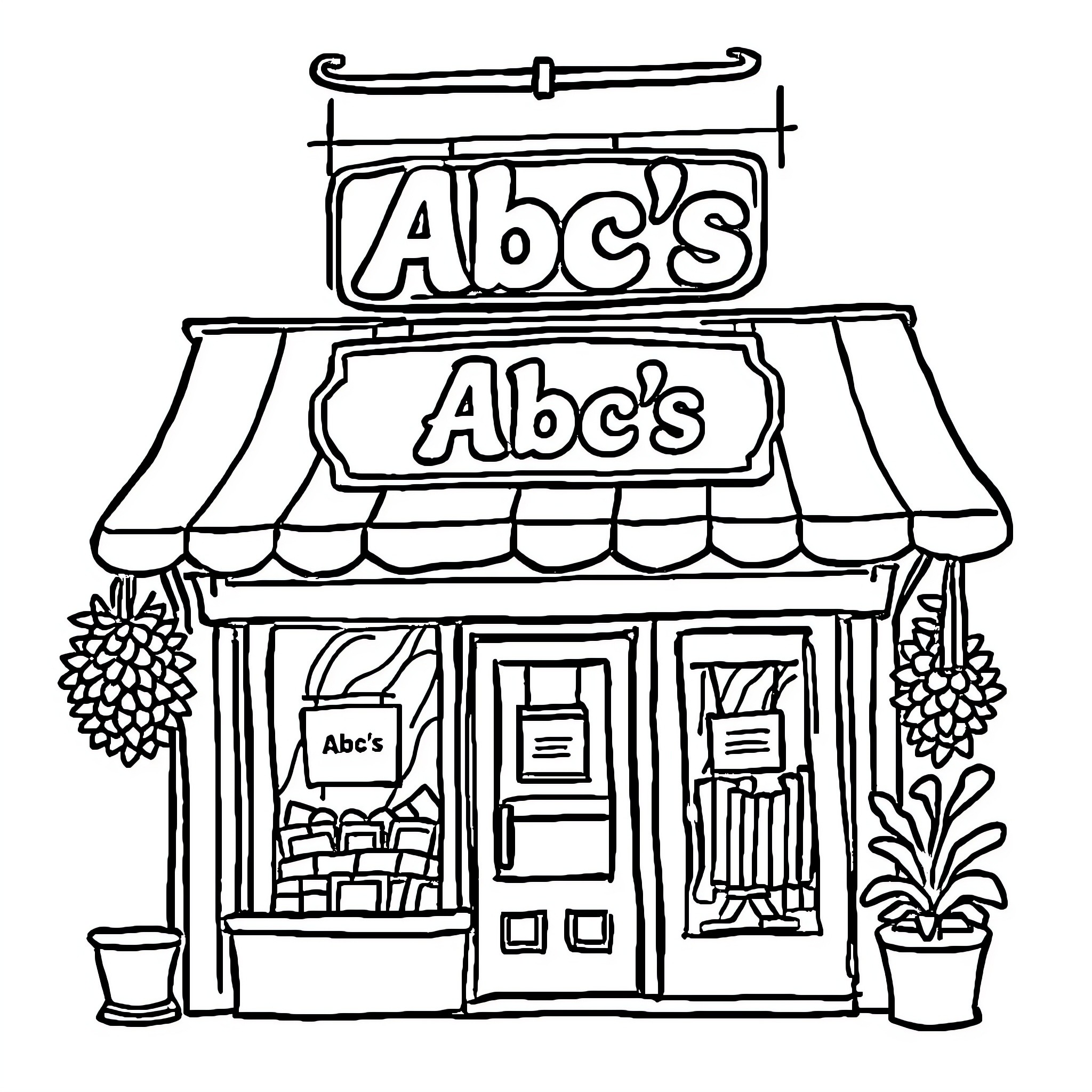 ABC's Local Store with Signage and Decor Coloring Page (free black-and-white line drawing printable PDF for all, from beginners to advanced learners, including children, teens, adults, and seniors)