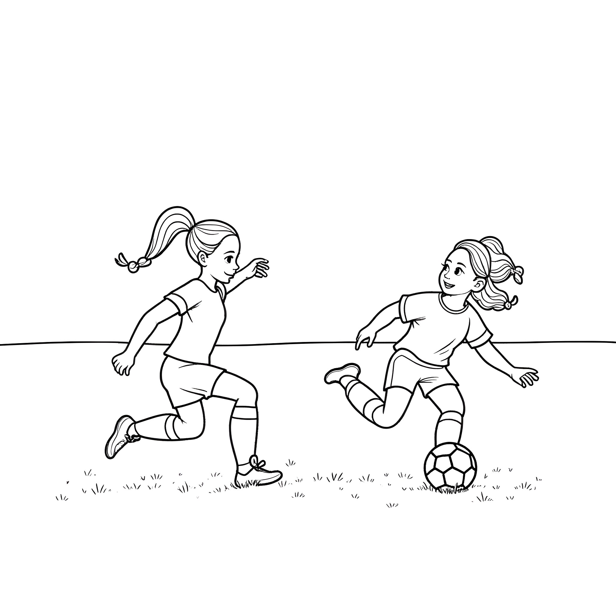 Girls playing soccer with enthusiasm Coloring Page (free black-and-white line drawing printable PDF for all, from beginners to advanced learners, including children, teens, adults, and seniors)