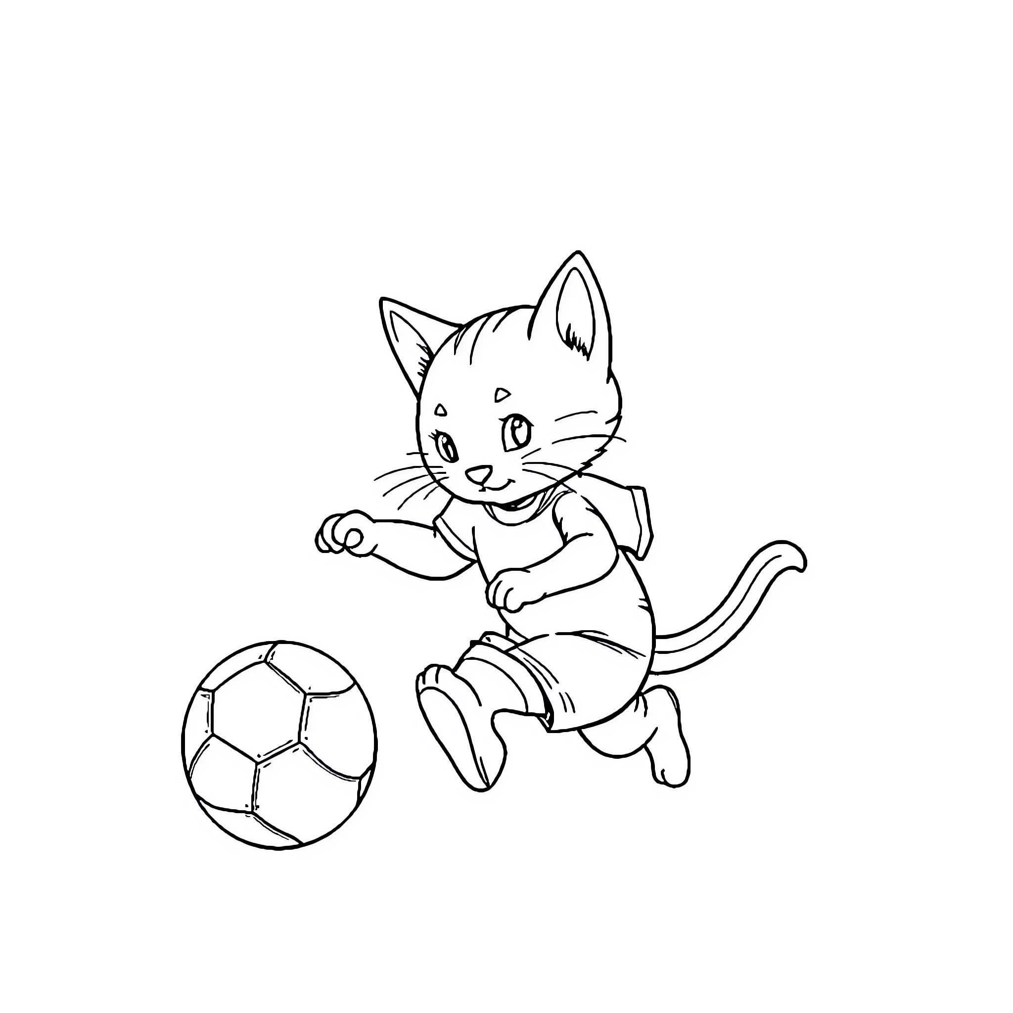 Gato playing joyfully with soccer ball Coloring Page (free black-and-white line drawing printable PDF for all, from beginners to advanced learners, including children, teens, adults, and seniors)