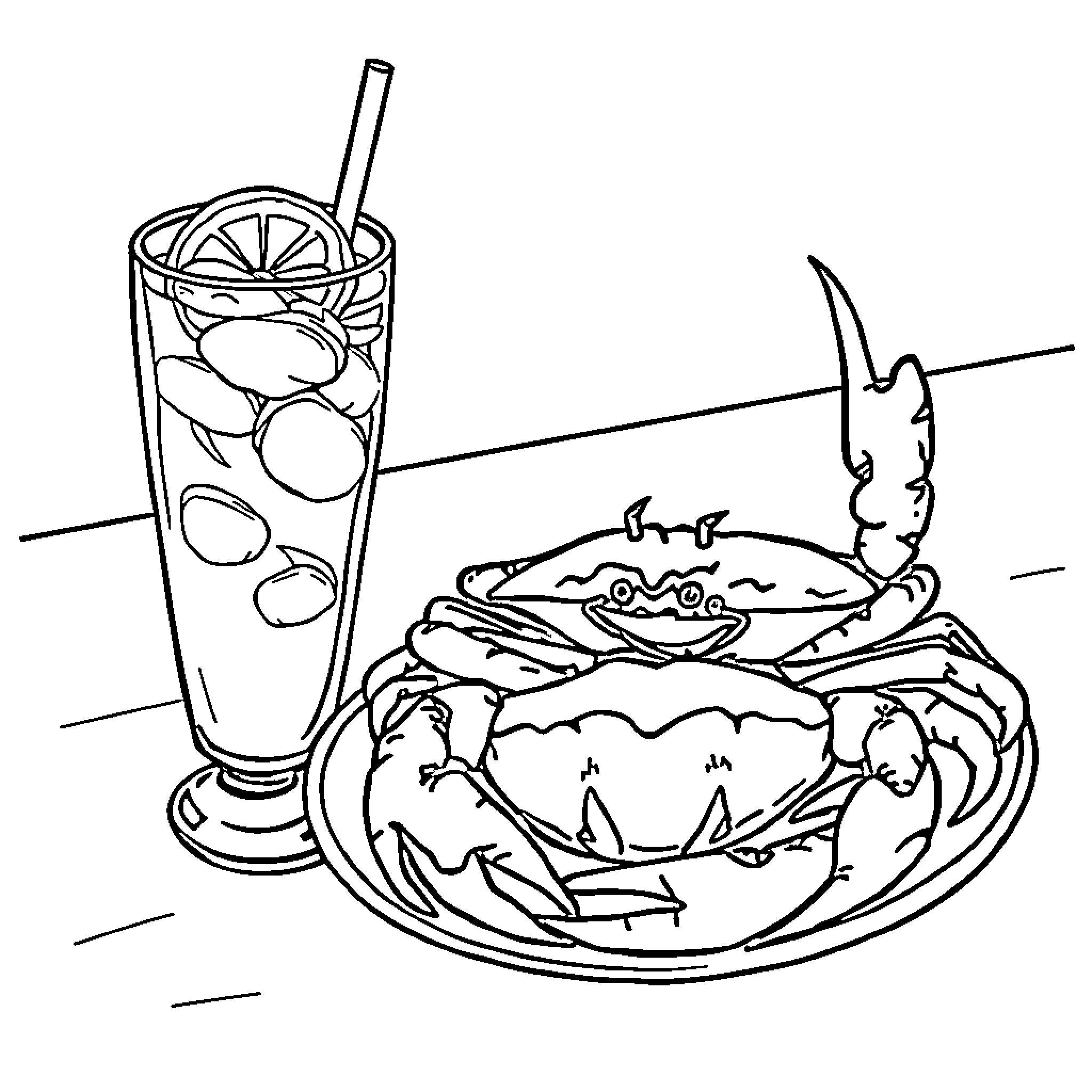 Crab enjoying a refreshing beverage Coloring Page (free black-and-white line drawing printable PDF for all, from beginners to advanced learners, including children, teens, adults, and seniors)