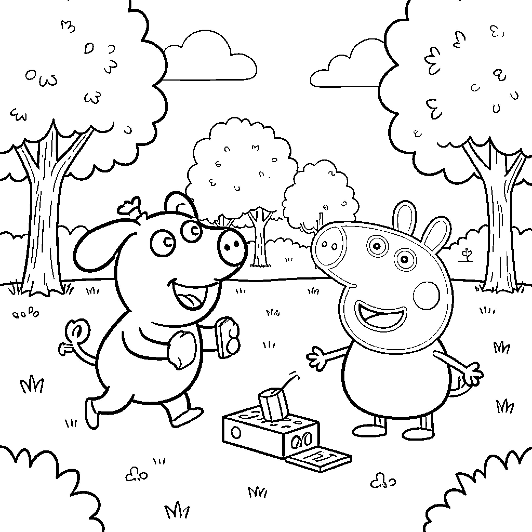 Peppa Pig and friend playing outdoors with toys Coloring Page (free black-and-white line drawing printable PDF for all, from beginners to advanced learners, including children, teens, adults, and seniors)