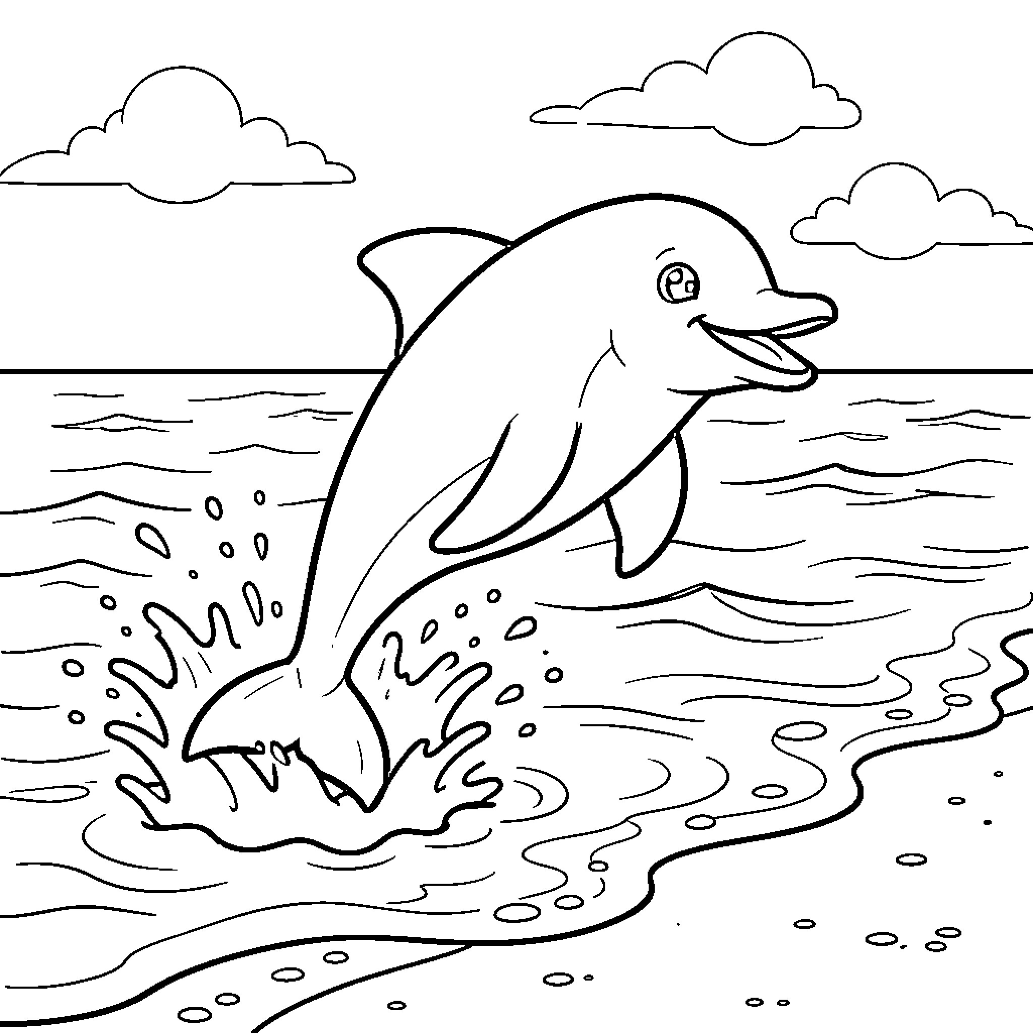 Dolphin jumping out of the ocean waves Coloring Page (free black-and-white line drawing printable PDF for all, from beginners to advanced learners, including children, teens, adults, and seniors)