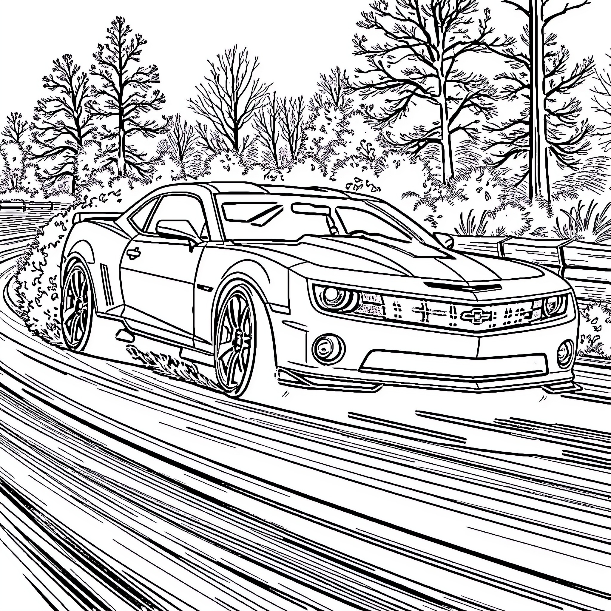 Camaro sports car speeding through forested road Coloring Page (free black-and-white line drawing printable PDF for all, from beginners to advanced learners, including children, teens, adults, and seniors)
