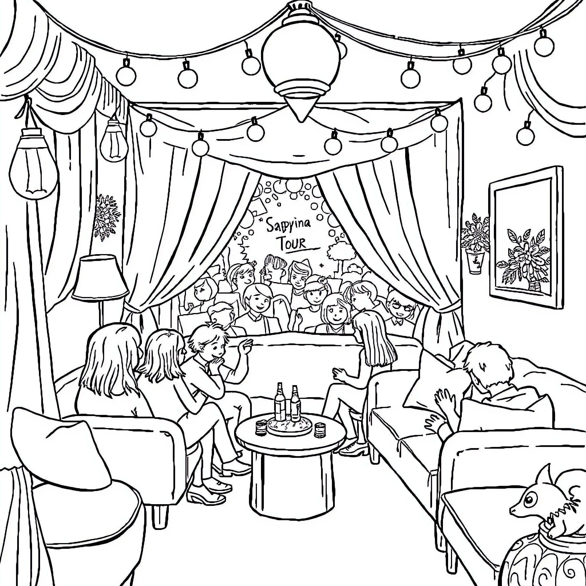 Sabrina Carpenter at a fan meet and greet event Coloring Page (free black-and-white line drawing printable PDF for all, from beginners to advanced learners, including children, teens, adults, and seniors)