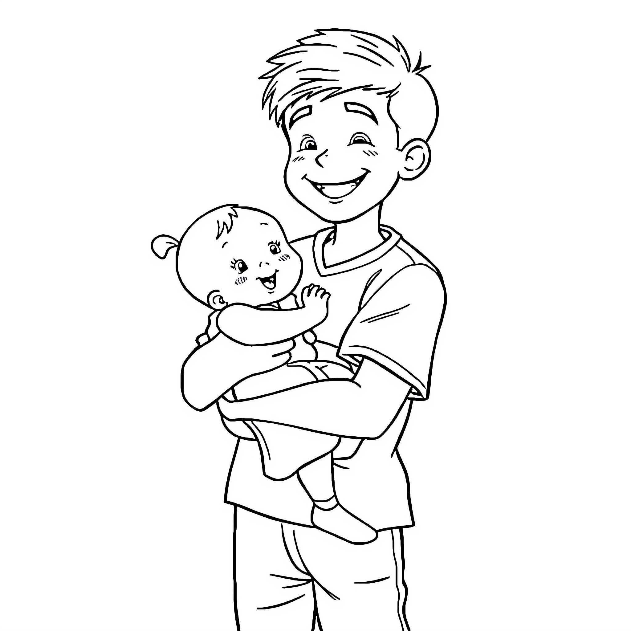 Brother happily holding a baby Coloring Page (free black-and-white line drawing printable PDF for all, from beginners to advanced learners, including children, teens, adults, and seniors)