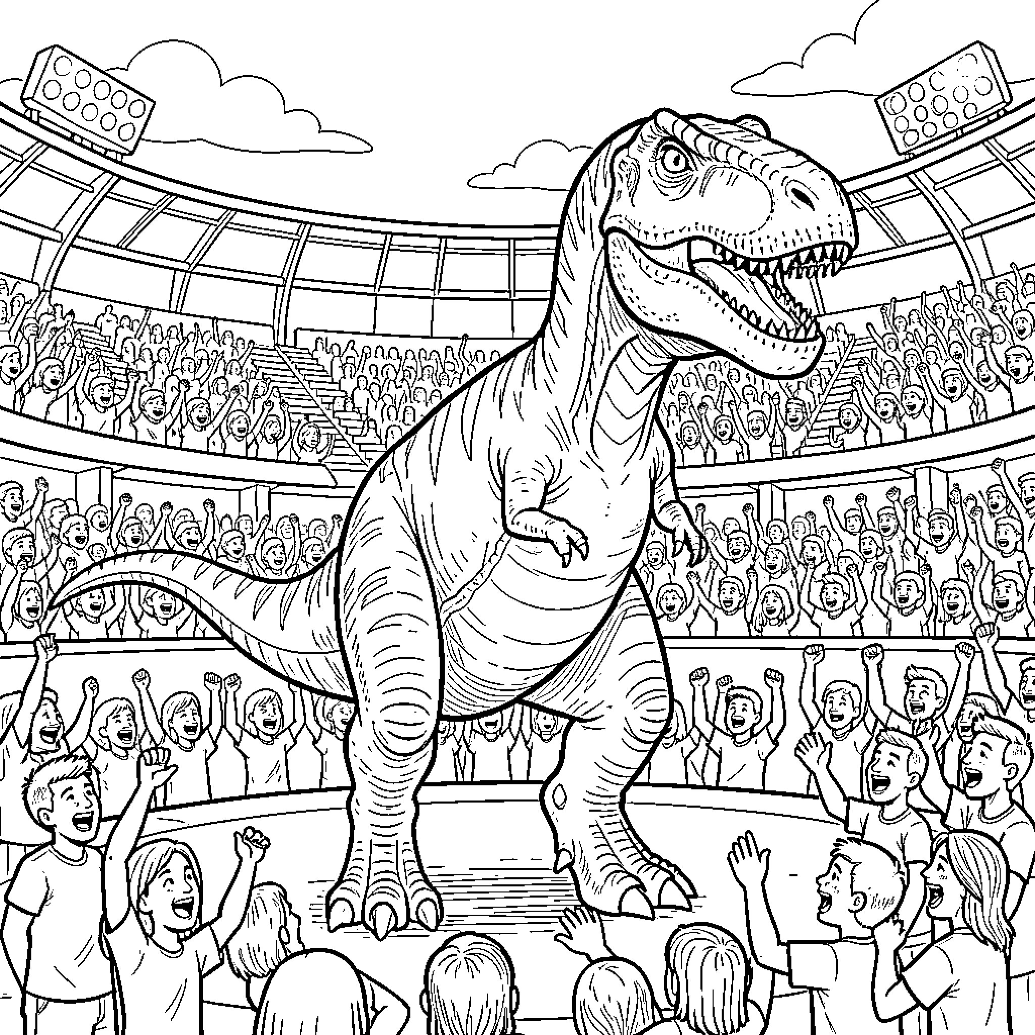 Dinosaur Entertains Crowd at Stadium Show Coloring Page (free black-and-white line drawing printable PDF for all, from beginners to advanced learners, including children, teens, adults, and seniors)