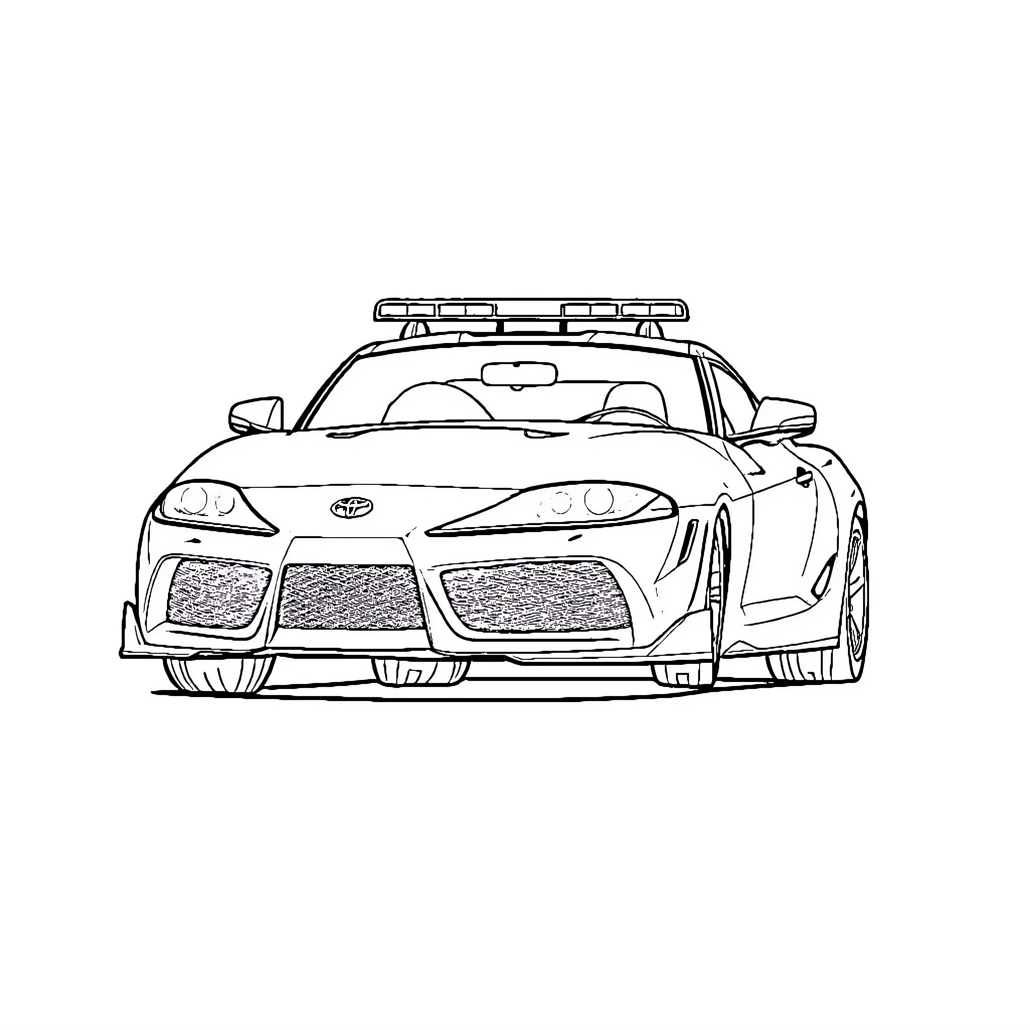Toyota Police Car with Specialized Lights and Accessories Coloring Page (free black-and-white line drawing printable PDF for all, from beginners to advanced learners, including children, teens, adults, and seniors)