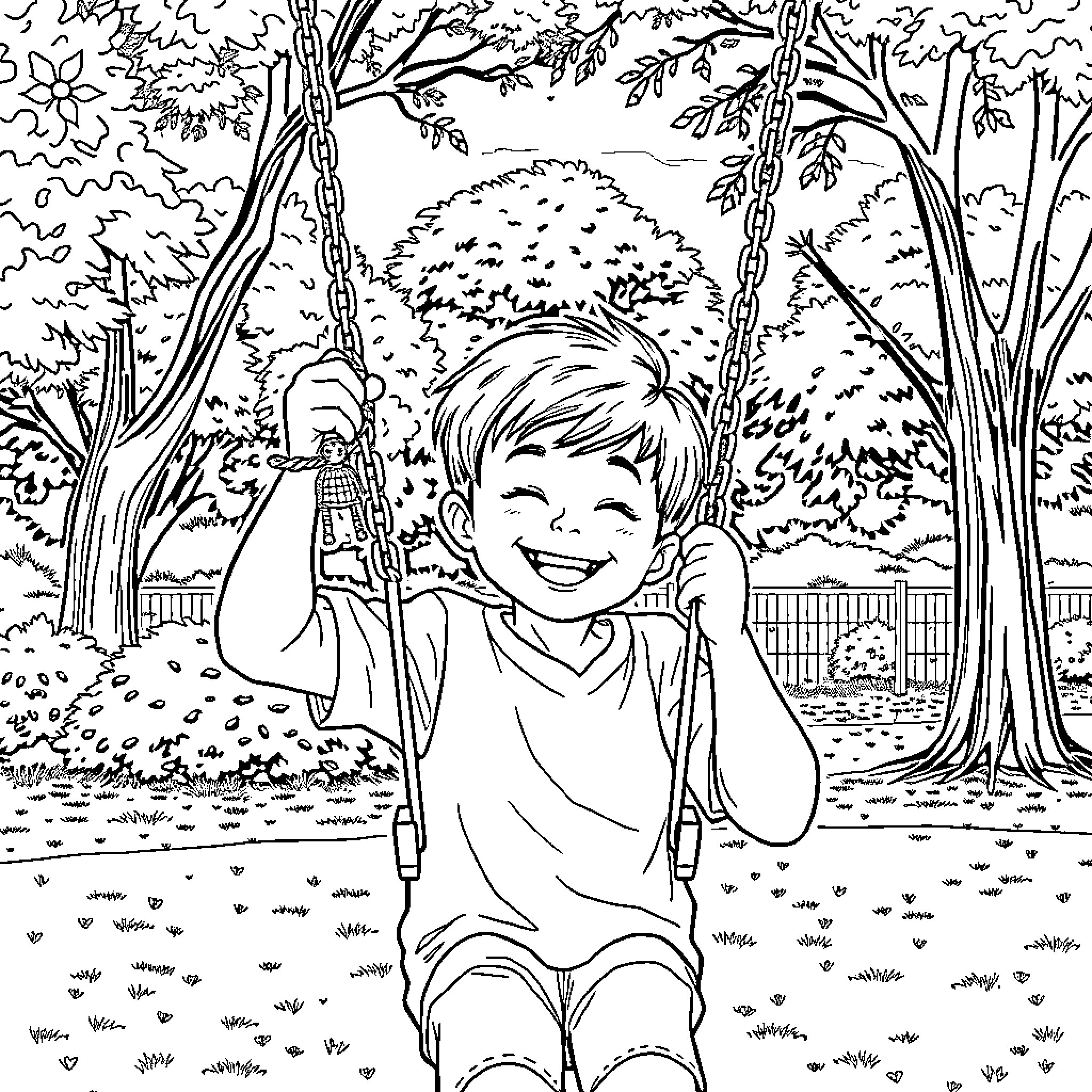 Boy swinging happily in the forest playground Coloring Page (free black-and-white line drawing printable PDF for all, from beginners to advanced learners, including children, teens, adults, and seniors)