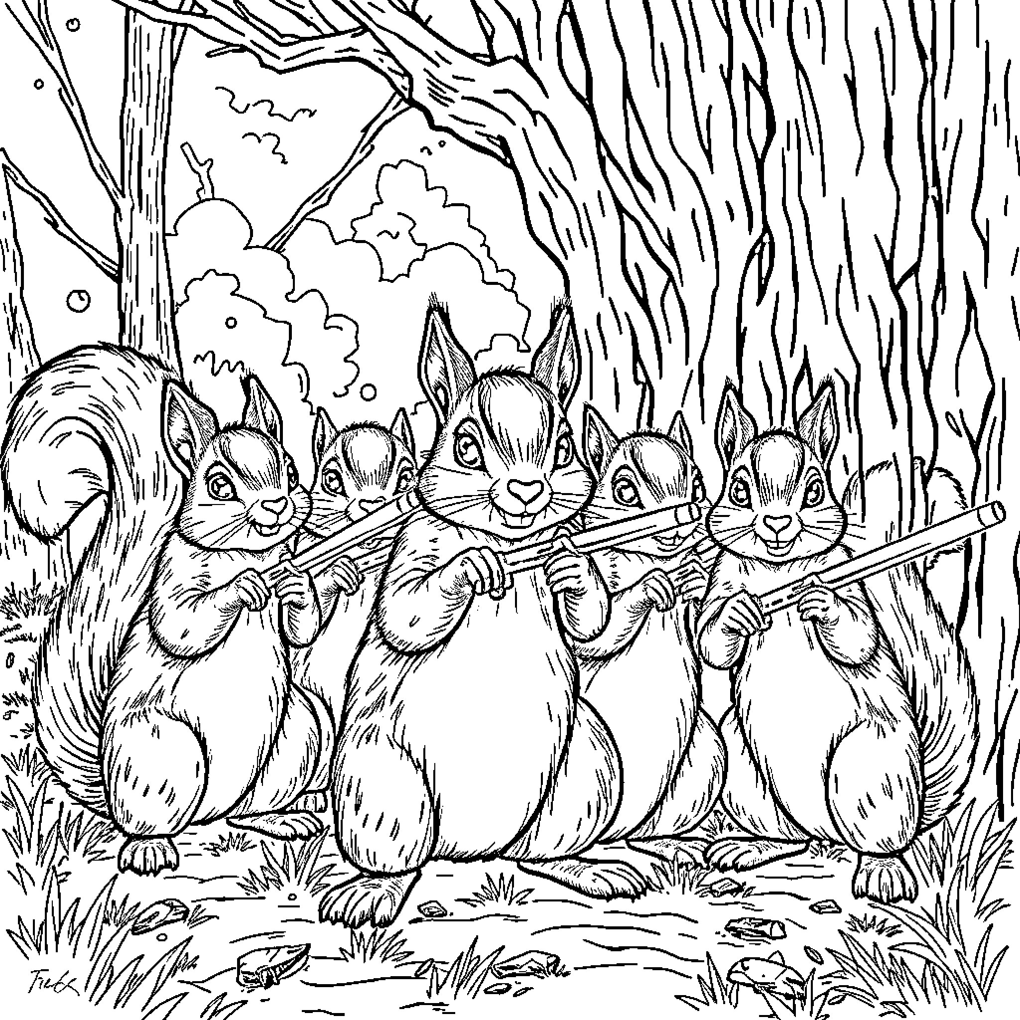 Squirrels playing music with instruments in the forest Coloring Page (free black-and-white line drawing printable PDF for all, from beginners to advanced learners, including children, teens, adults, and seniors)
