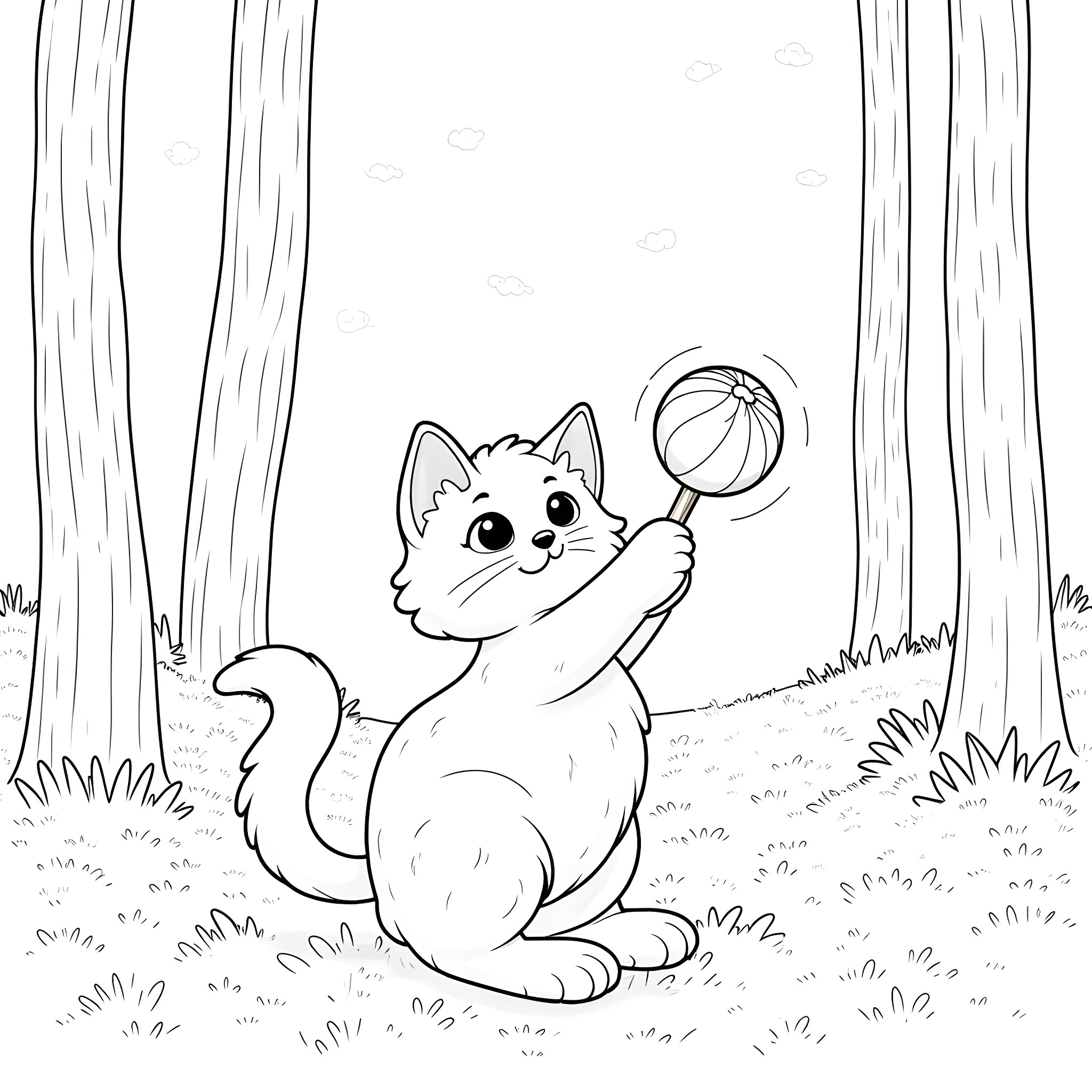 Kitten playing with a ball in the forest Coloring Page (free black-and-white line drawing printable PDF for all, from beginners to advanced learners, including children, teens, adults, and seniors)