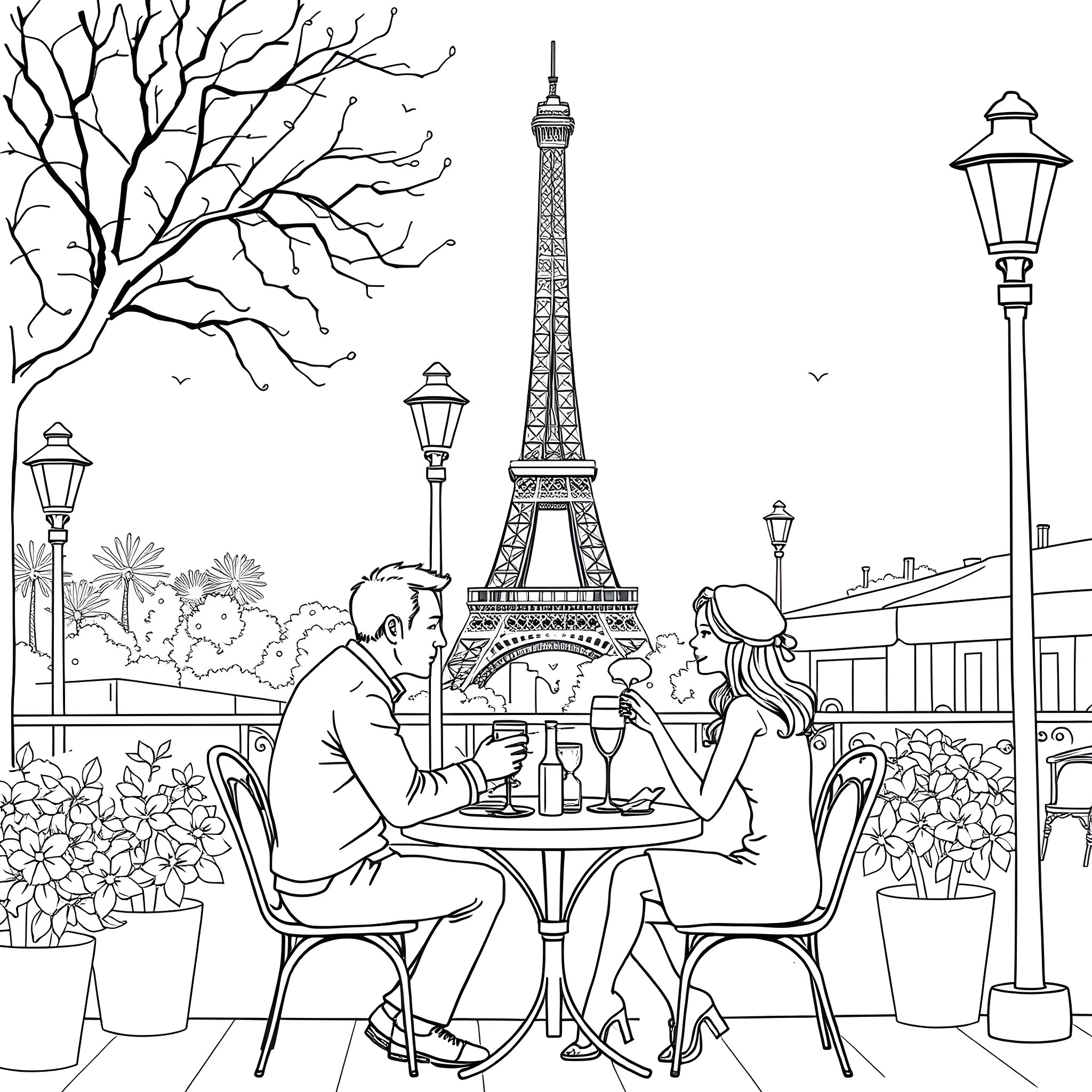 People dining at outdoor cafe in Paris with Eiffel Tower Coloring Page (free black-and-white line drawing printable PDF for all, from beginners to advanced learners, including children, teens, adults, and seniors)