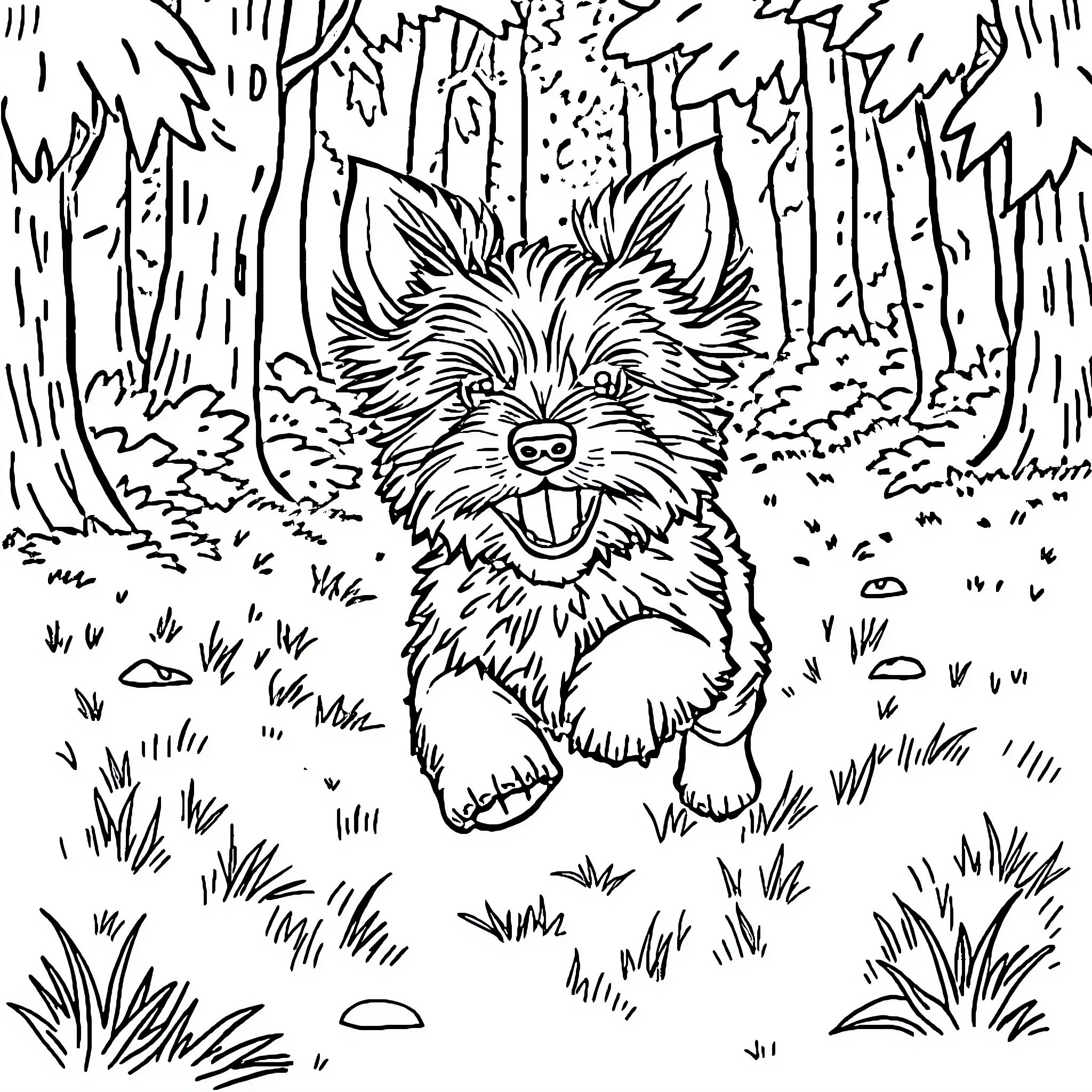 Yorkie playing joyfully in the forest Coloring Page (free black-and-white line drawing printable PDF for all, from beginners to advanced learners, including children, teens, adults, and seniors)