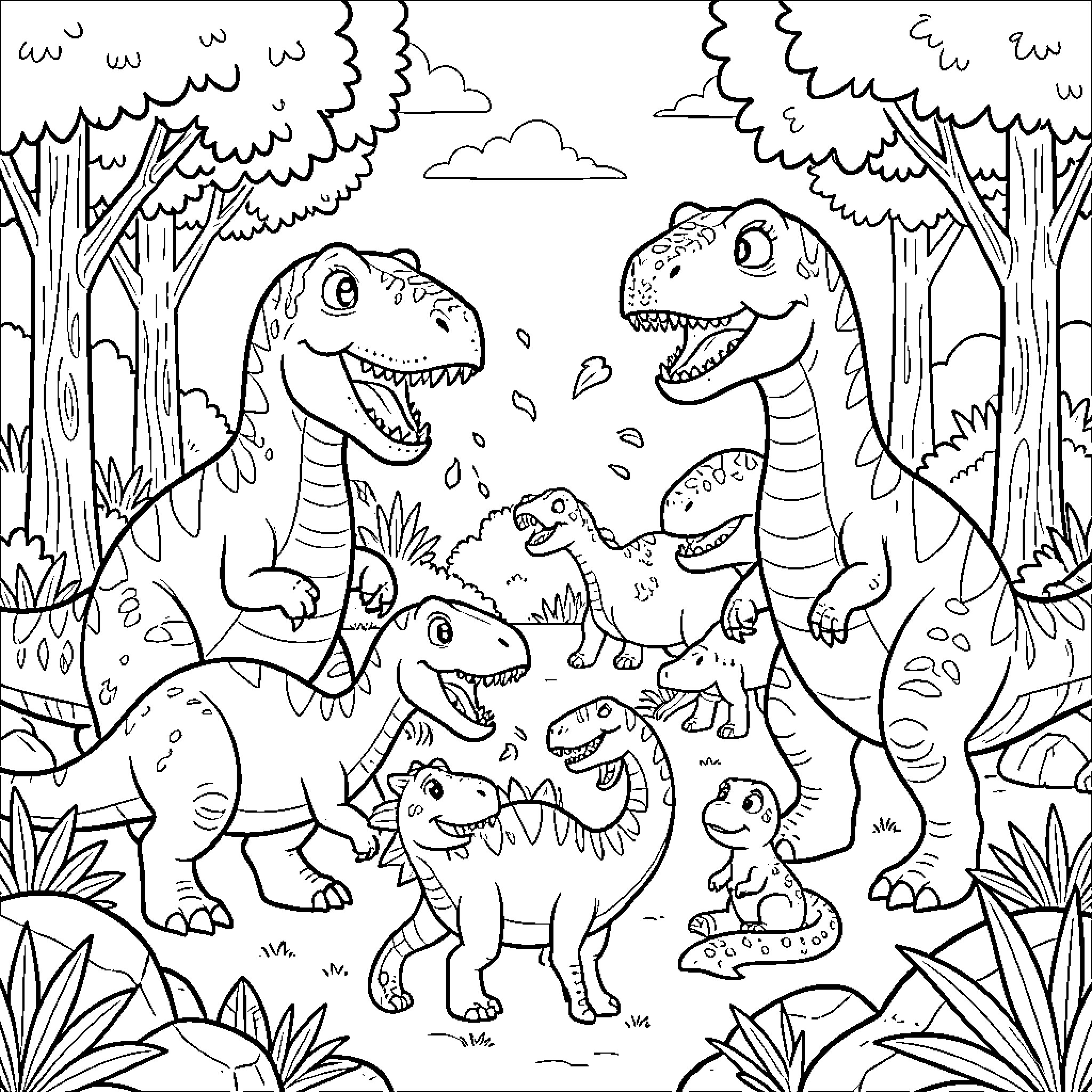 Dinosaur family interacting happily in a prehistoric forest Coloring Page (free black-and-white line drawing printable PDF for all, from beginners to advanced learners, including children, teens, adults, and seniors)