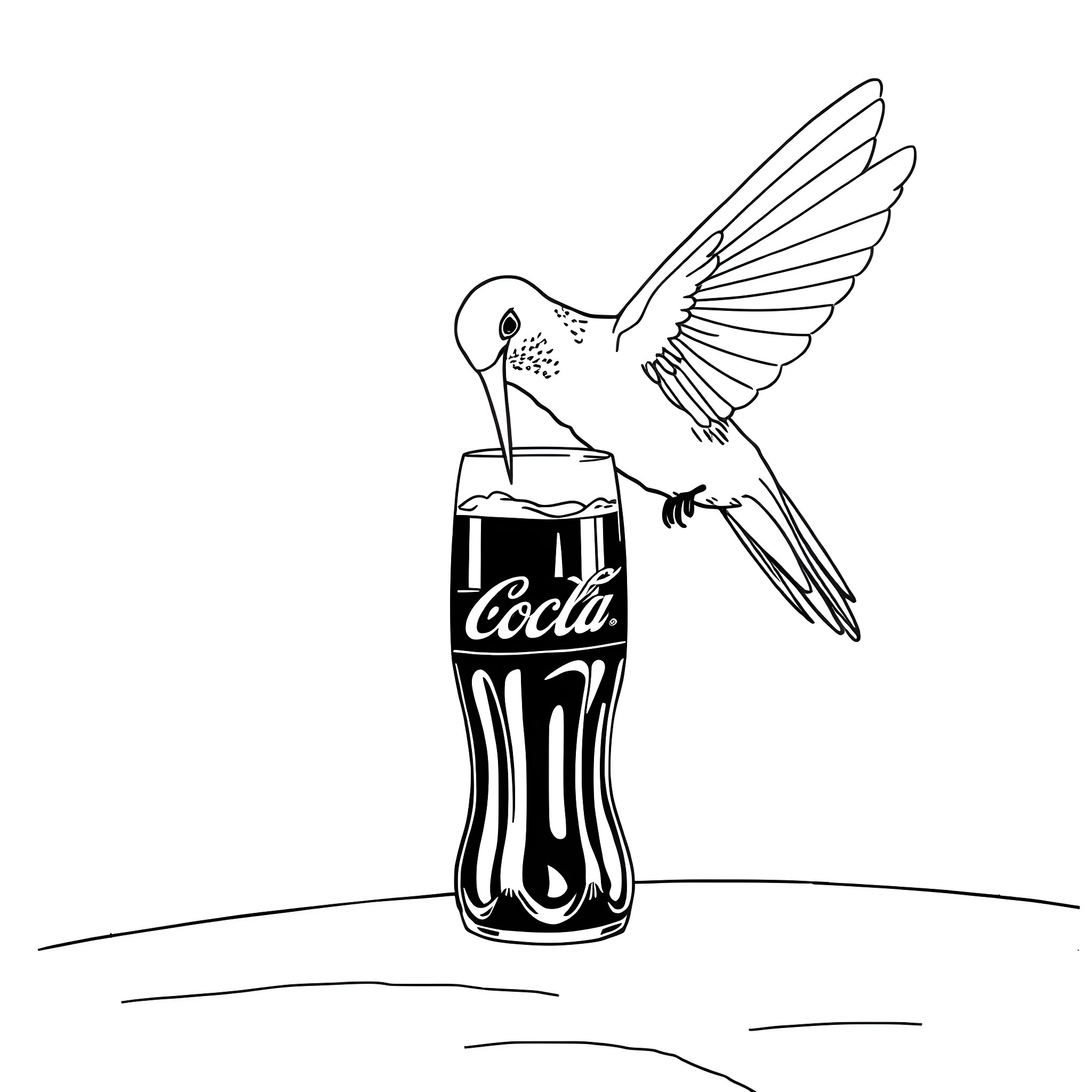 Hummingbird sipping from a refreshing beverage Coloring Page (free black-and-white line drawing printable PDF for all, from beginners to advanced learners, including children, teens, adults, and seniors)