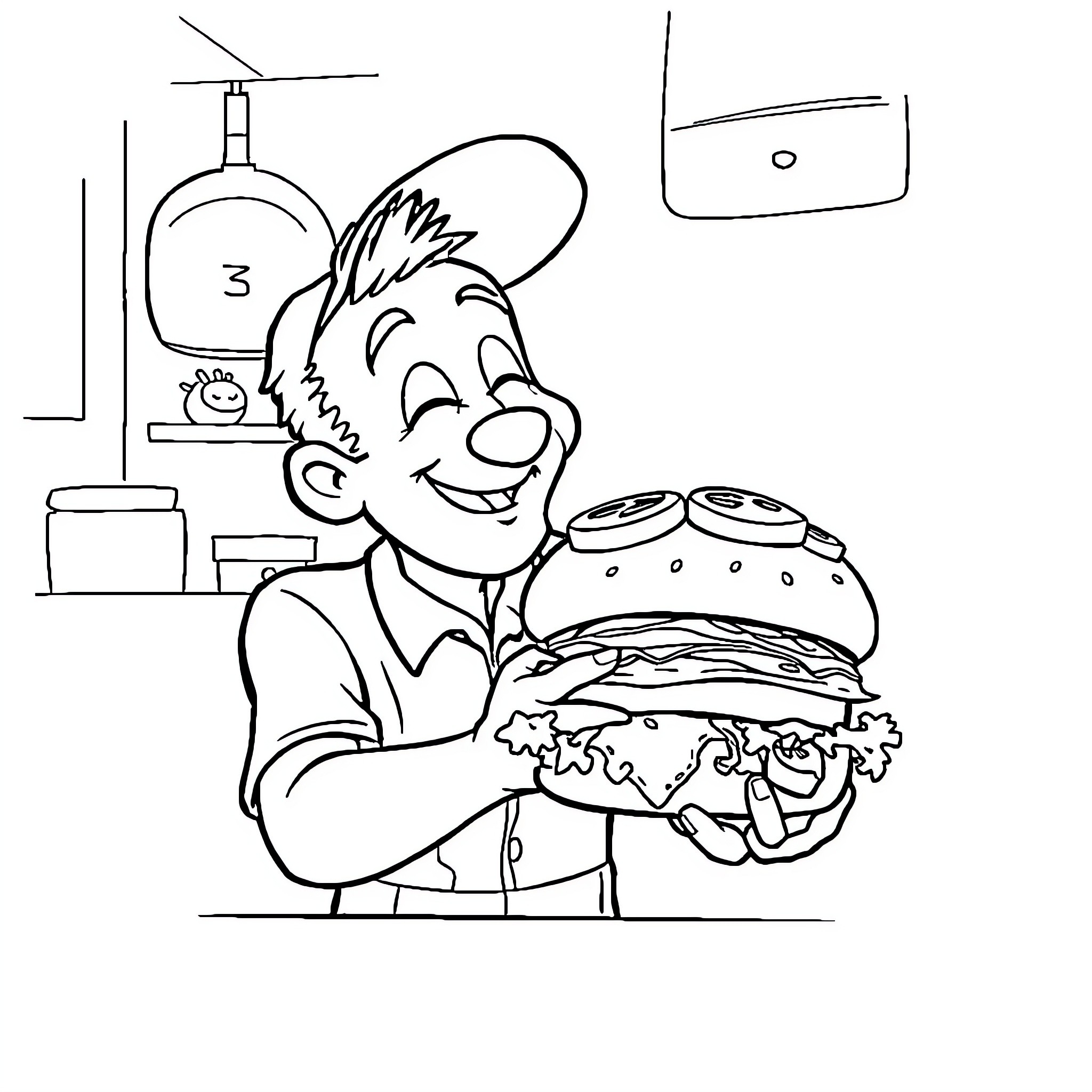 Burger Chef Happily Serving a Delicious Burger Coloring Page (free black-and-white line drawing printable PDF for all, from beginners to advanced learners, including children, teens, adults, and seniors)