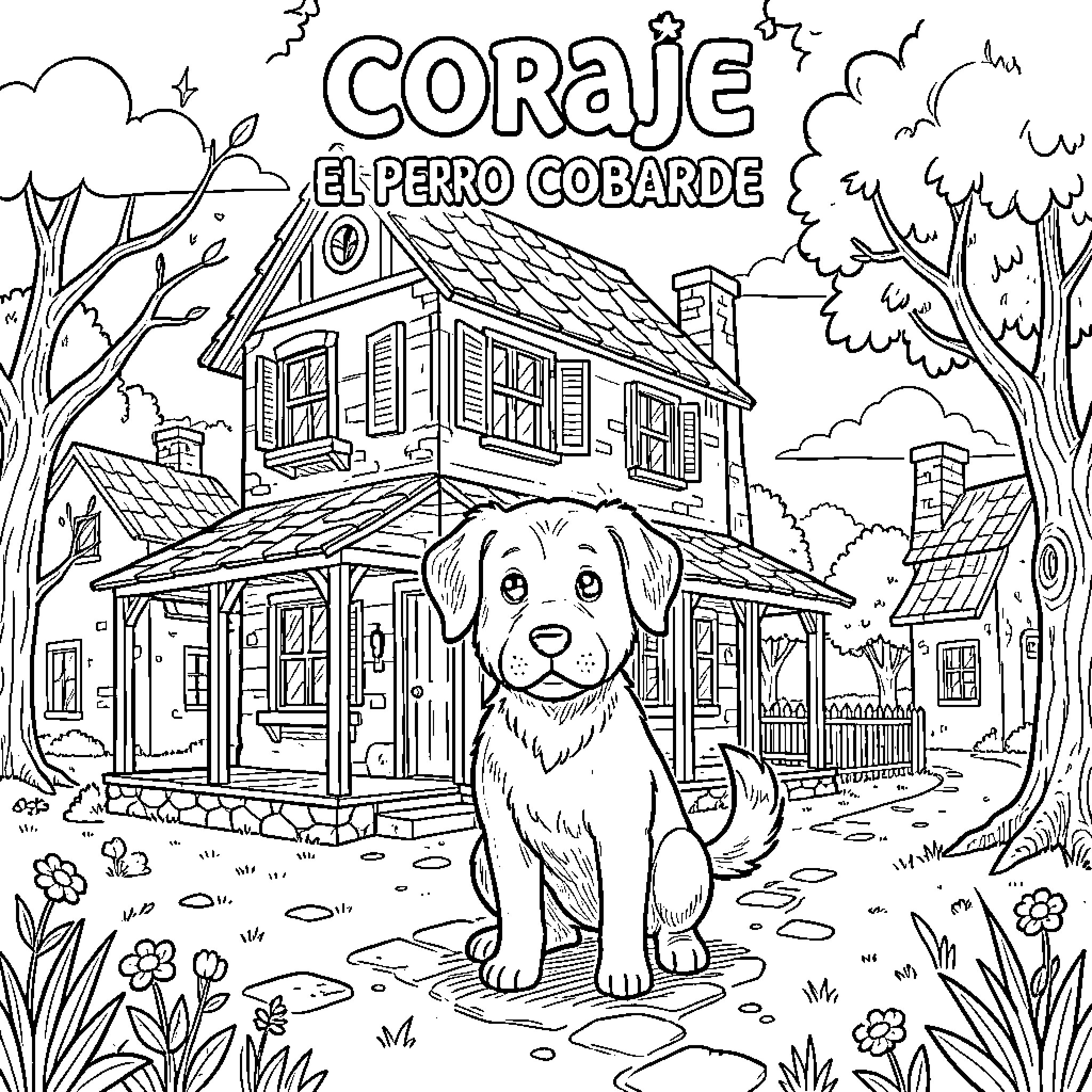 Coraje, the Fearless Pup and his Cozy Cottage Coloring Page (free black-and-white line drawing printable PDF for all, from beginners to advanced learners, including children, teens, adults, and seniors)