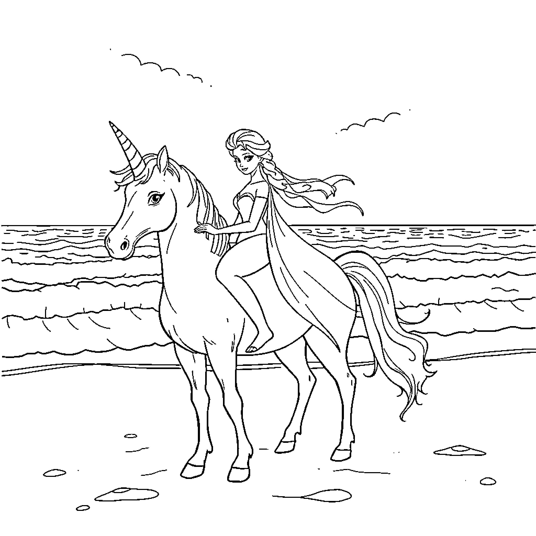 Elsa riding a unicorn by the sea Coloring Page (free black-and-white line drawing printable PDF for all, from beginners to advanced learners, including children, teens, adults, and seniors)