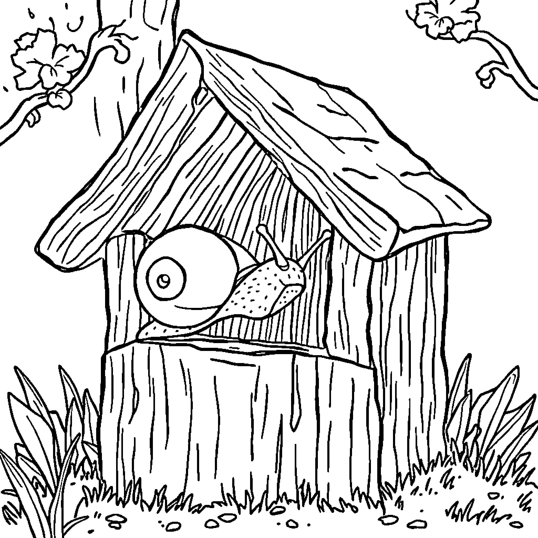 Escargot peering out of cozy birdhouse Coloring Page (free black-and-white line drawing printable PDF for all, from beginners to advanced learners, including children, teens, adults, and seniors)
