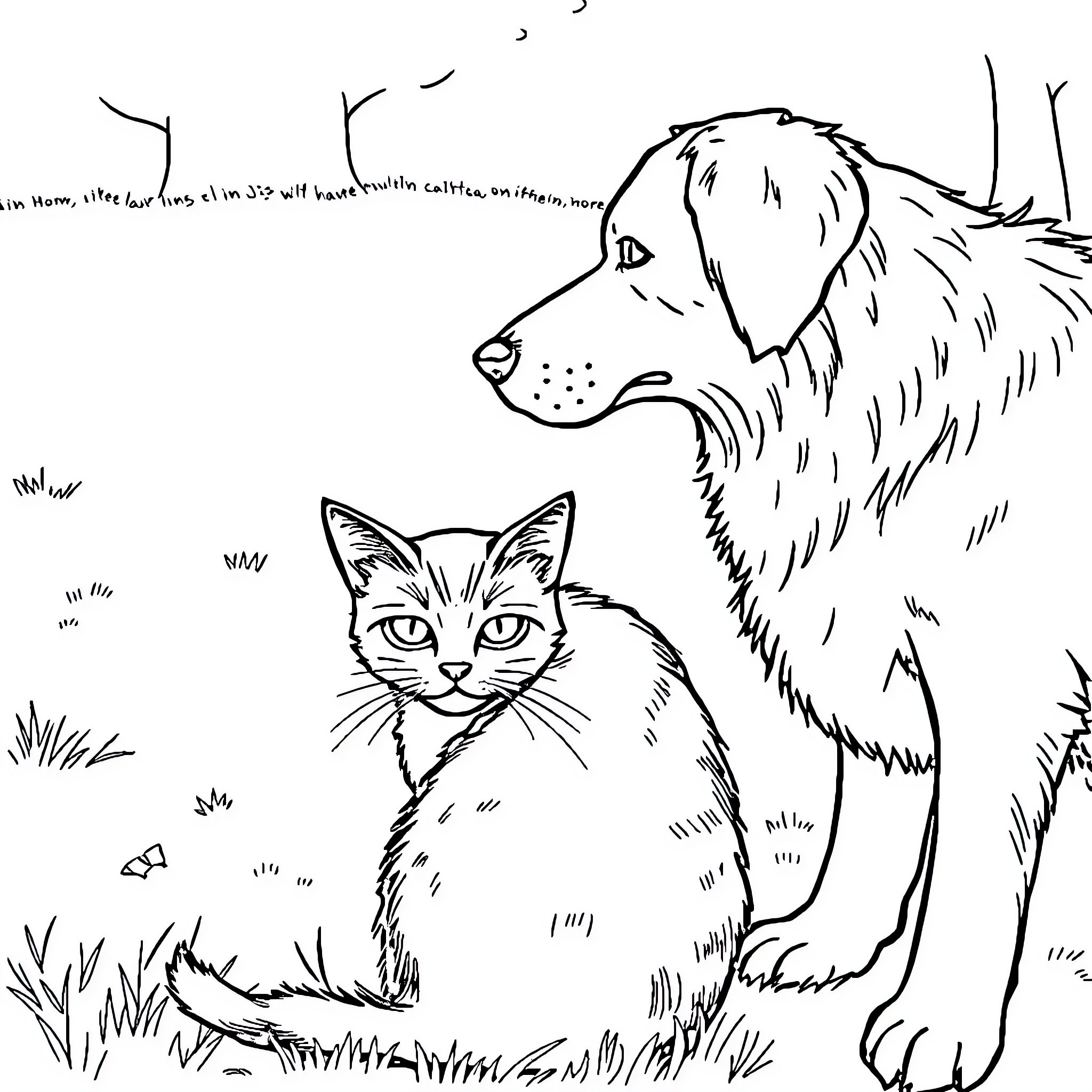 Chat with a Curious Cat and Loyal Dog Coloring Page (free black-and-white line drawing printable PDF for all, from beginners to advanced learners, including children, teens, adults, and seniors)