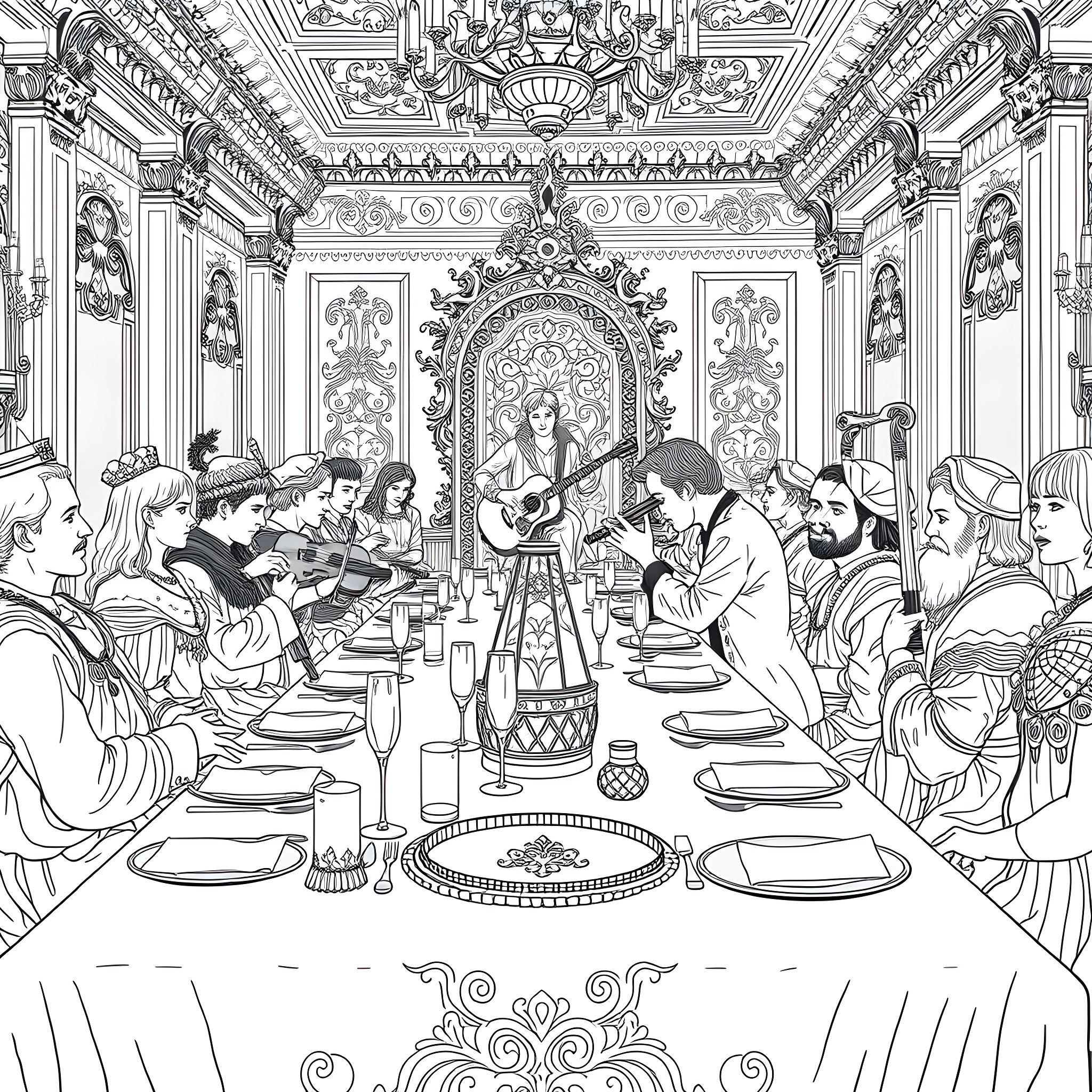Alexisonfire - Ornate Dinner Gathering Coloring Page (free black-and-white line drawing printable PDF for all, from beginners to advanced learners, including children, teens, adults, and seniors)
