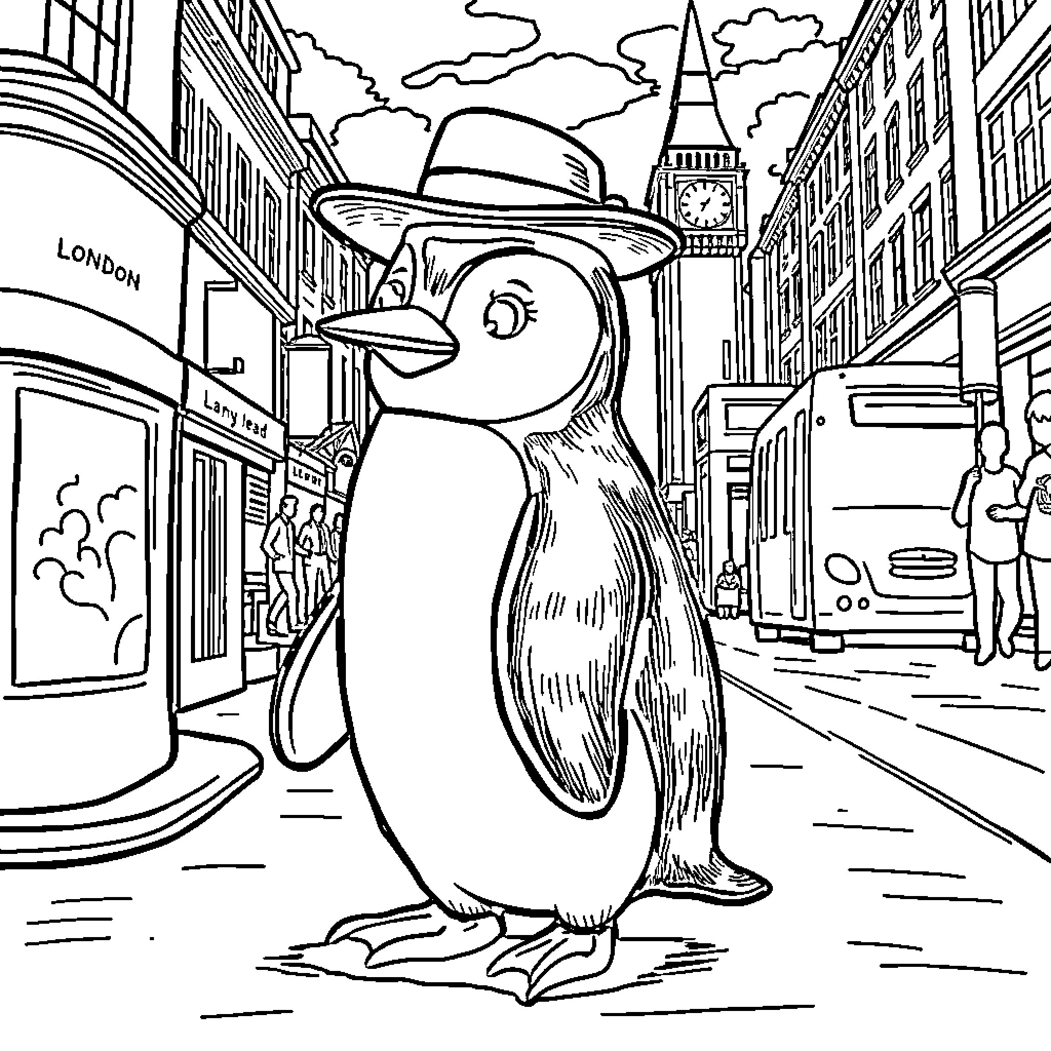 Penguin in a London street wearing a hat Coloring Page (free black-and-white line drawing printable PDF for all, from beginners to advanced learners, including children, teens, adults, and seniors)