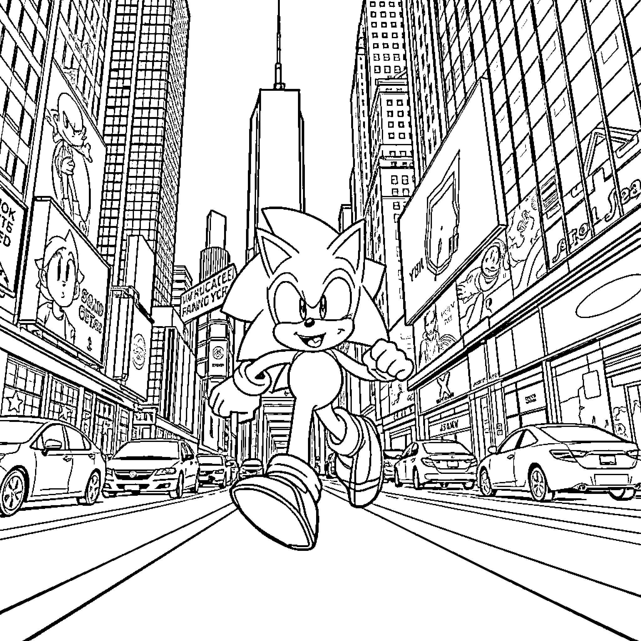 Sonic's City Adventure Coloring Page (free black-and-white line drawing printable PDF for all, from beginners to advanced learners, including children, teens, adults, and seniors)