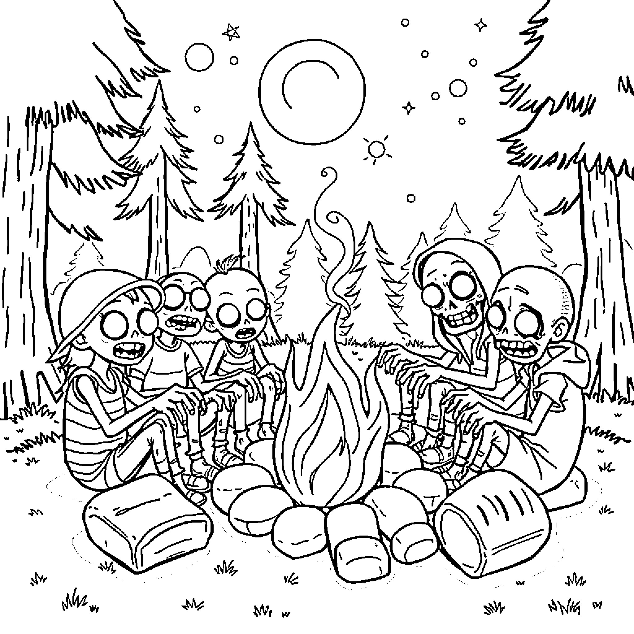 Zombie Friends Gather Around a Campfire in the Forest Coloring Page (free black-and-white line drawing printable PDF for all, from beginners to advanced learners, including children, teens, adults, and seniors)