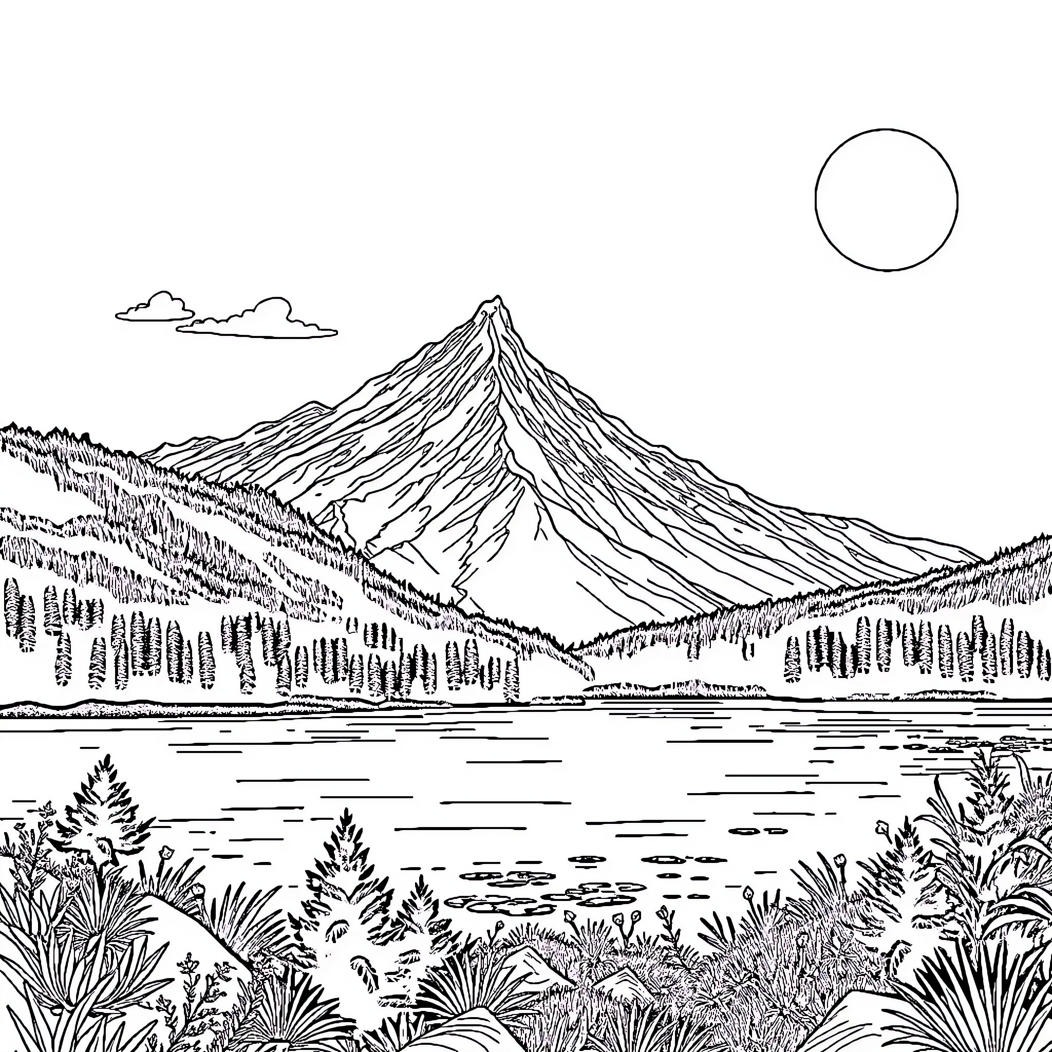 Scenery of a serene mountain lake landscape Coloring Page (free black-and-white line drawing printable PDF for all, from beginners to advanced learners, including children, teens, adults, and seniors)
