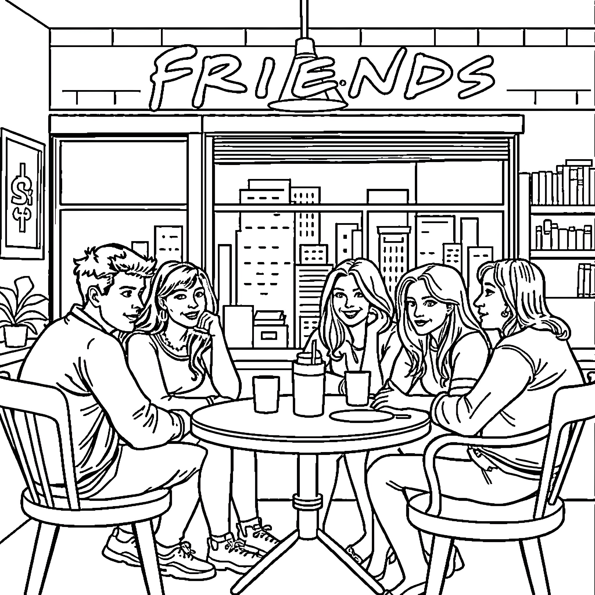 Friends enjoying conversation at a cafe Coloring Page (free black-and-white line drawing printable PDF for all, from beginners to advanced learners, including children, teens, adults, and seniors)
