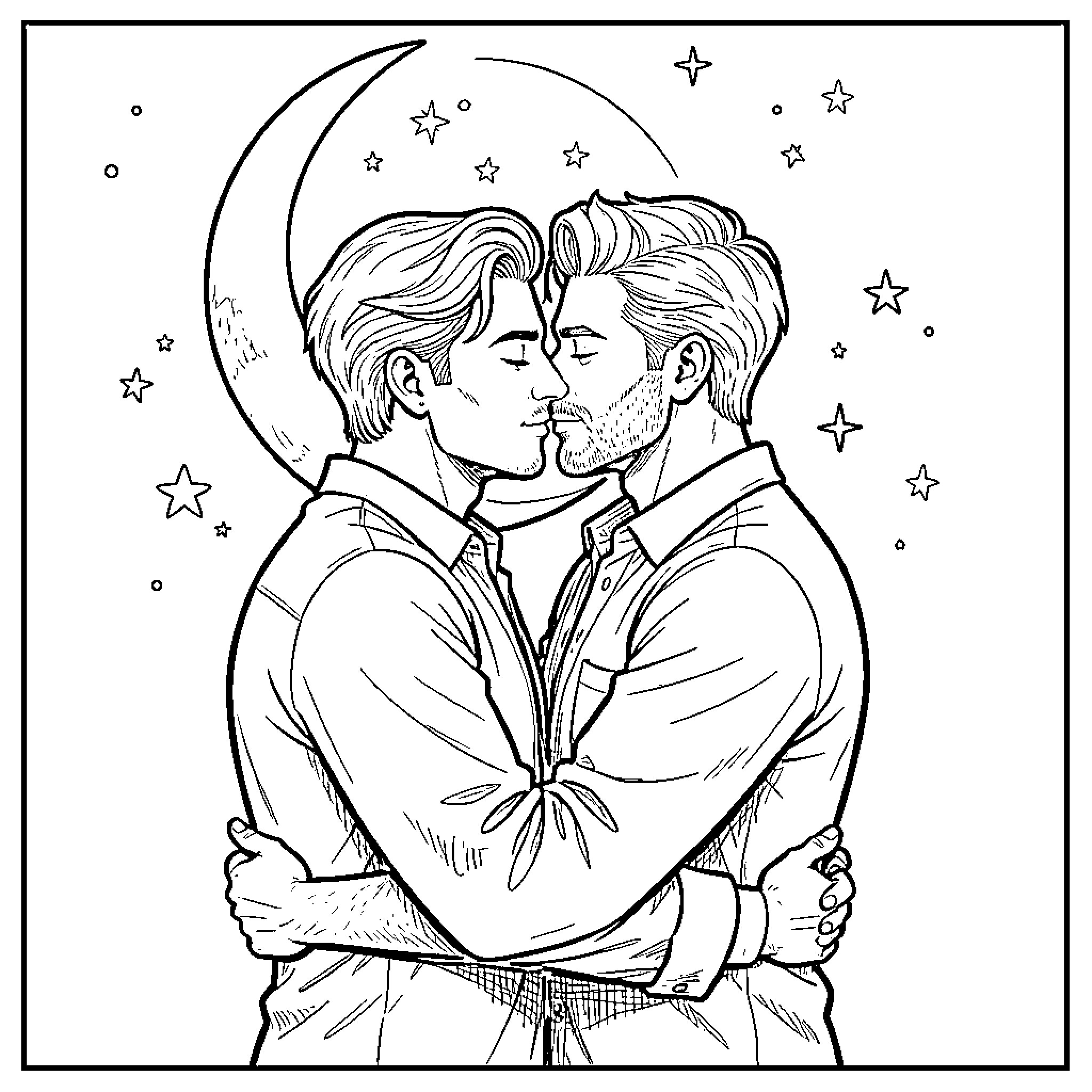 Man in loving embrace under the moonlight Coloring Page (free black-and-white line drawing printable PDF for all, from beginners to advanced learners, including children, teens, adults, and seniors)