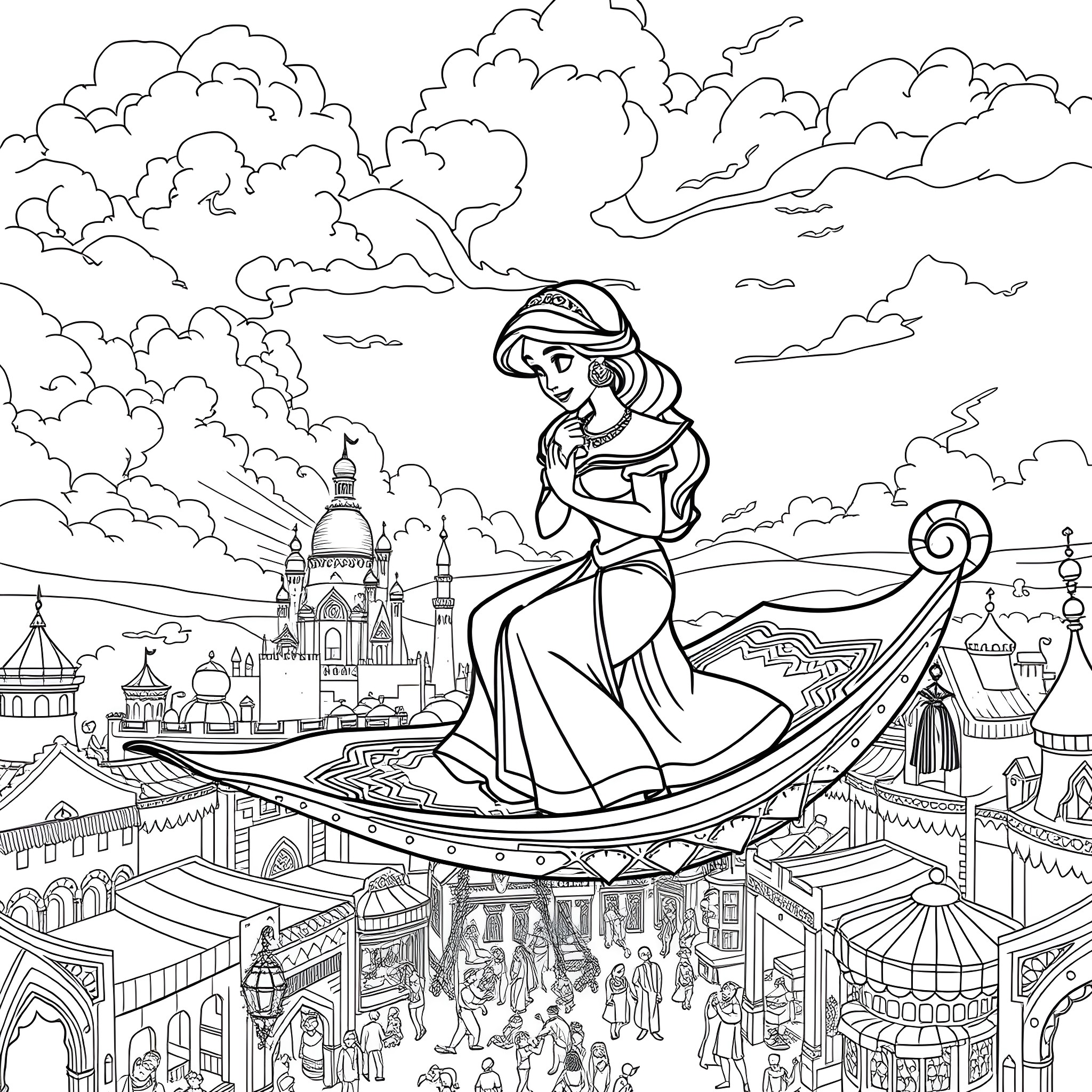 Jasmine's Magical Journey Through a Fantastical City Coloring Page (free black-and-white line drawing printable PDF for all, from beginners to advanced learners, including children, teens, adults, and seniors)