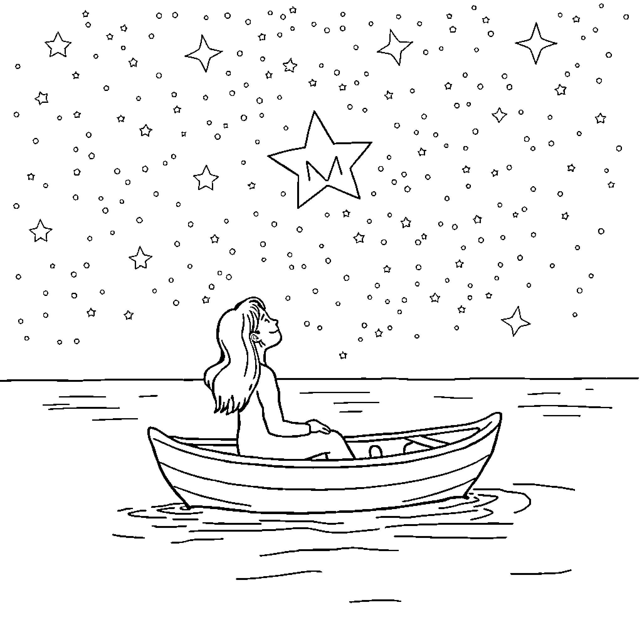 Person sitting in boat gazing at night sky Coloring Page (free black-and-white line drawing printable PDF for all, from beginners to advanced learners, including children, teens, adults, and seniors)
