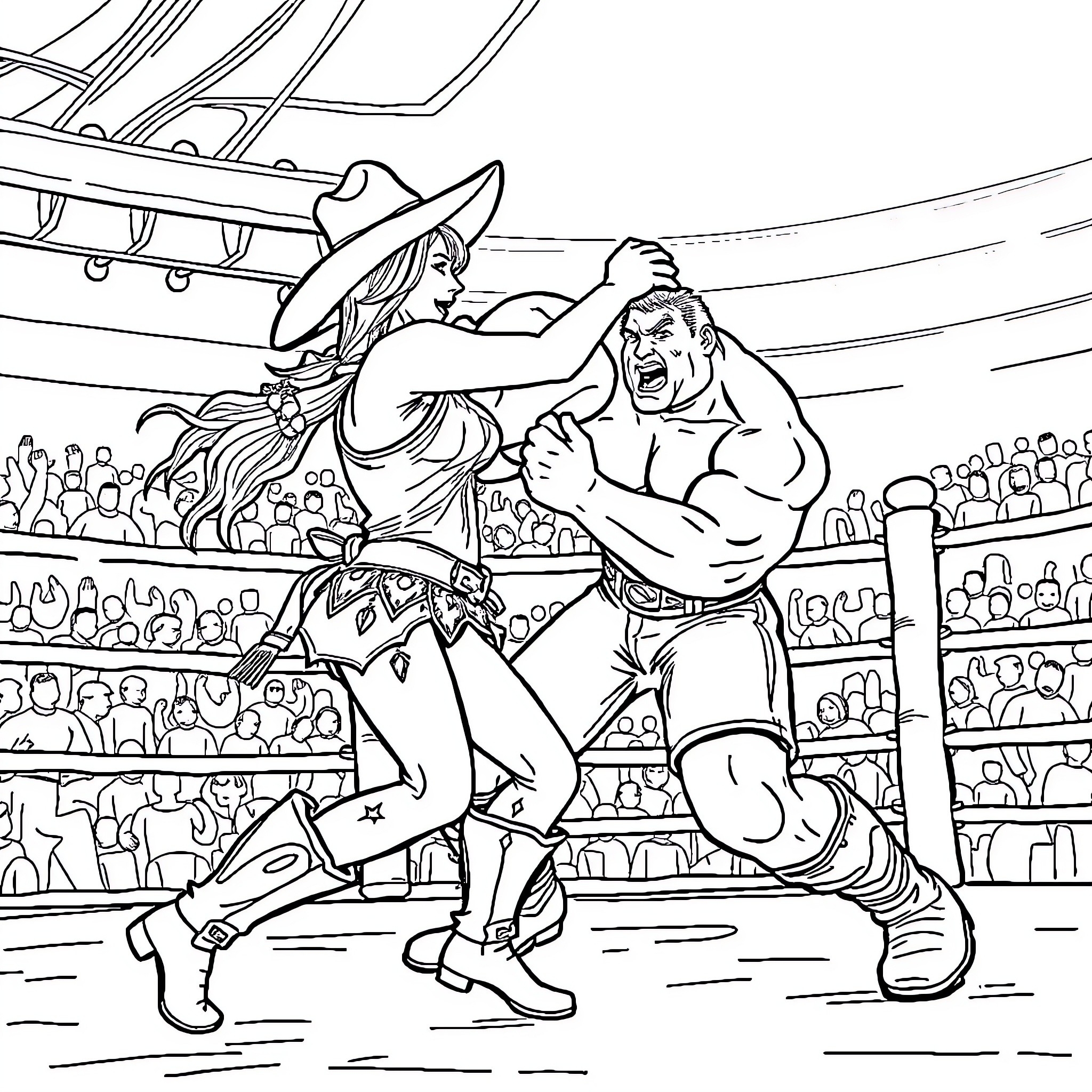 Cowgirl fighting a muscular wrestler in a wrestling ring Coloring Page (free black-and-white line drawing printable PDF for all, from beginners to advanced learners, including children, teens, adults, and seniors)