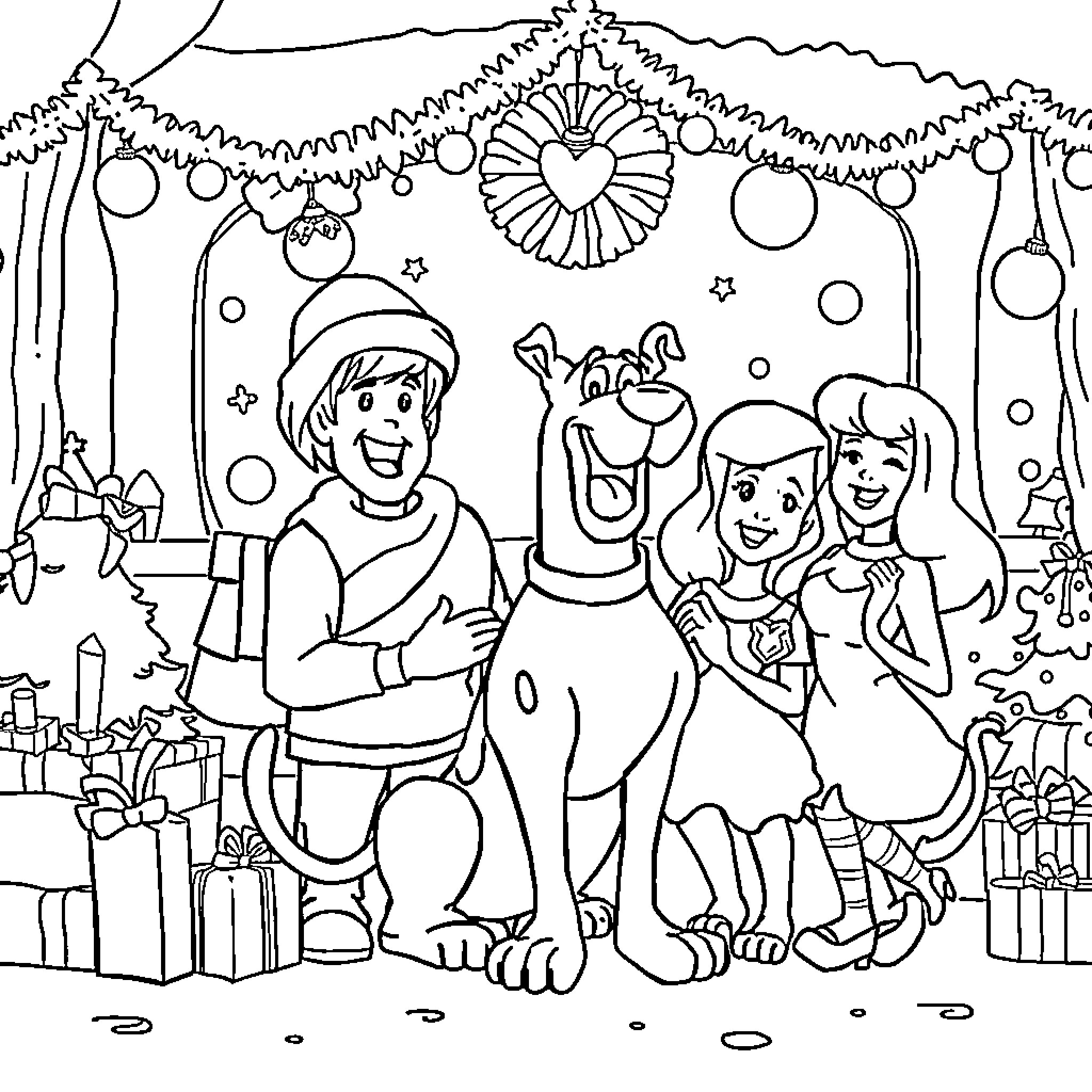 Scooby Doo and friends celebrate Christmas together Coloring Page (free black-and-white line drawing printable PDF for all, from beginners to advanced learners, including children, teens, adults, and seniors)