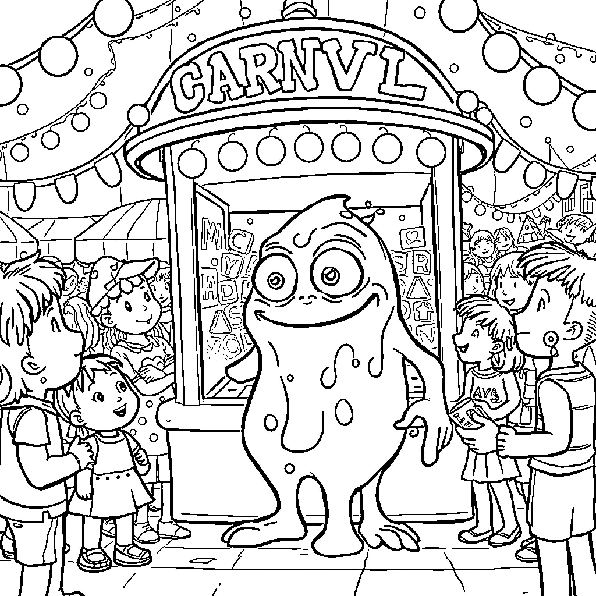 Slime Monster Interacts with Carnival Visitors Coloring Page (free black-and-white line drawing printable PDF for all, from beginners to advanced learners, including children, teens, adults, and seniors)