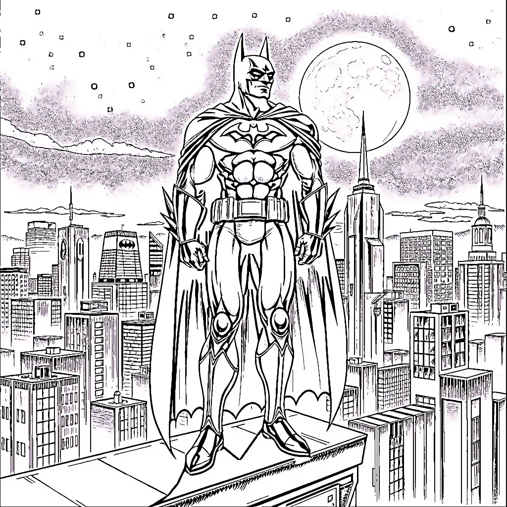 Batman standing tall on a rooftop overlooking the city Coloring Page (free black-and-white line drawing printable PDF for all, from beginners to advanced learners, including children, teens, adults, and seniors)