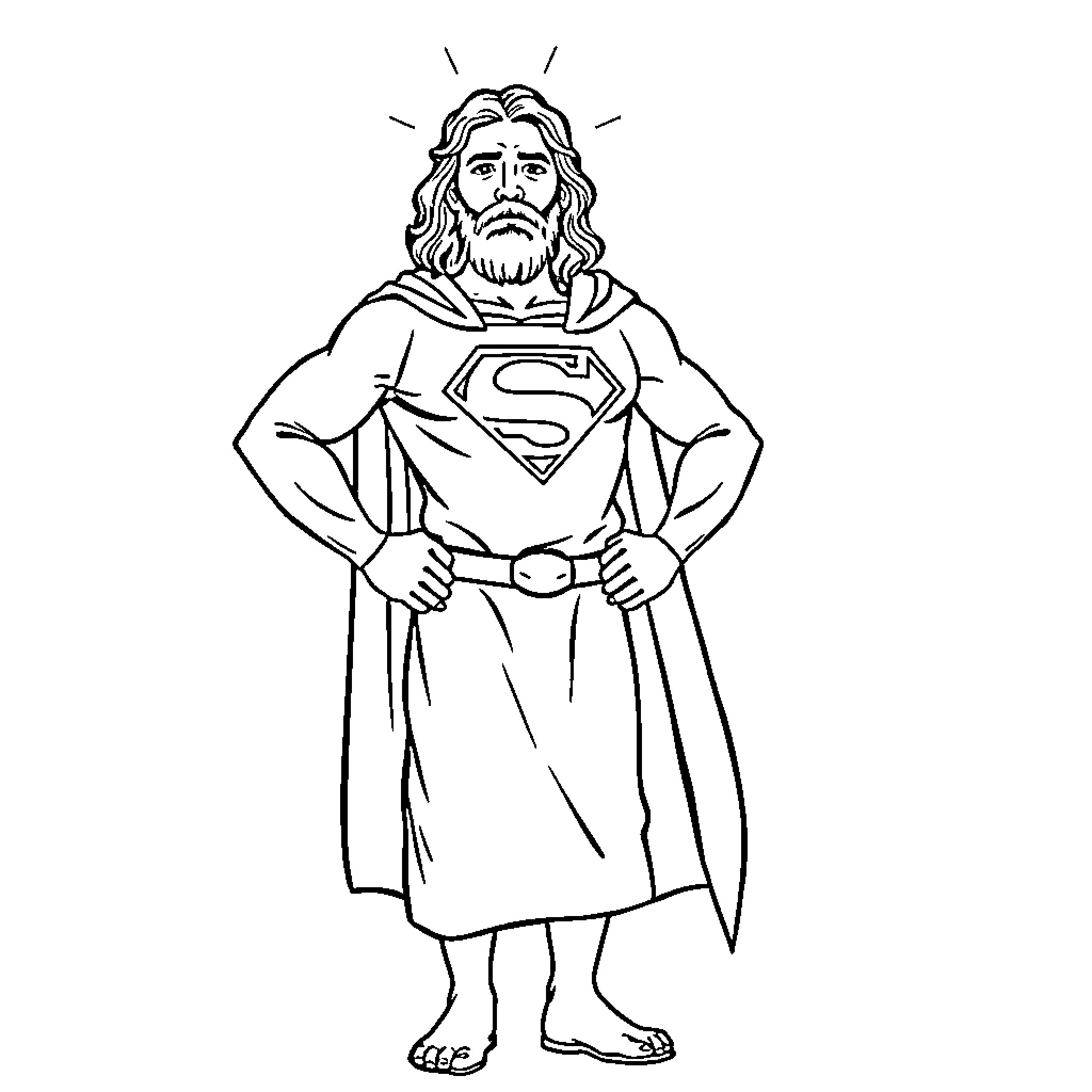 Jesus as a Superhero figure with a 'S' emblem Coloring Page (free black-and-white line drawing printable PDF for all, from beginners to advanced learners, including children, teens, adults, and seniors)