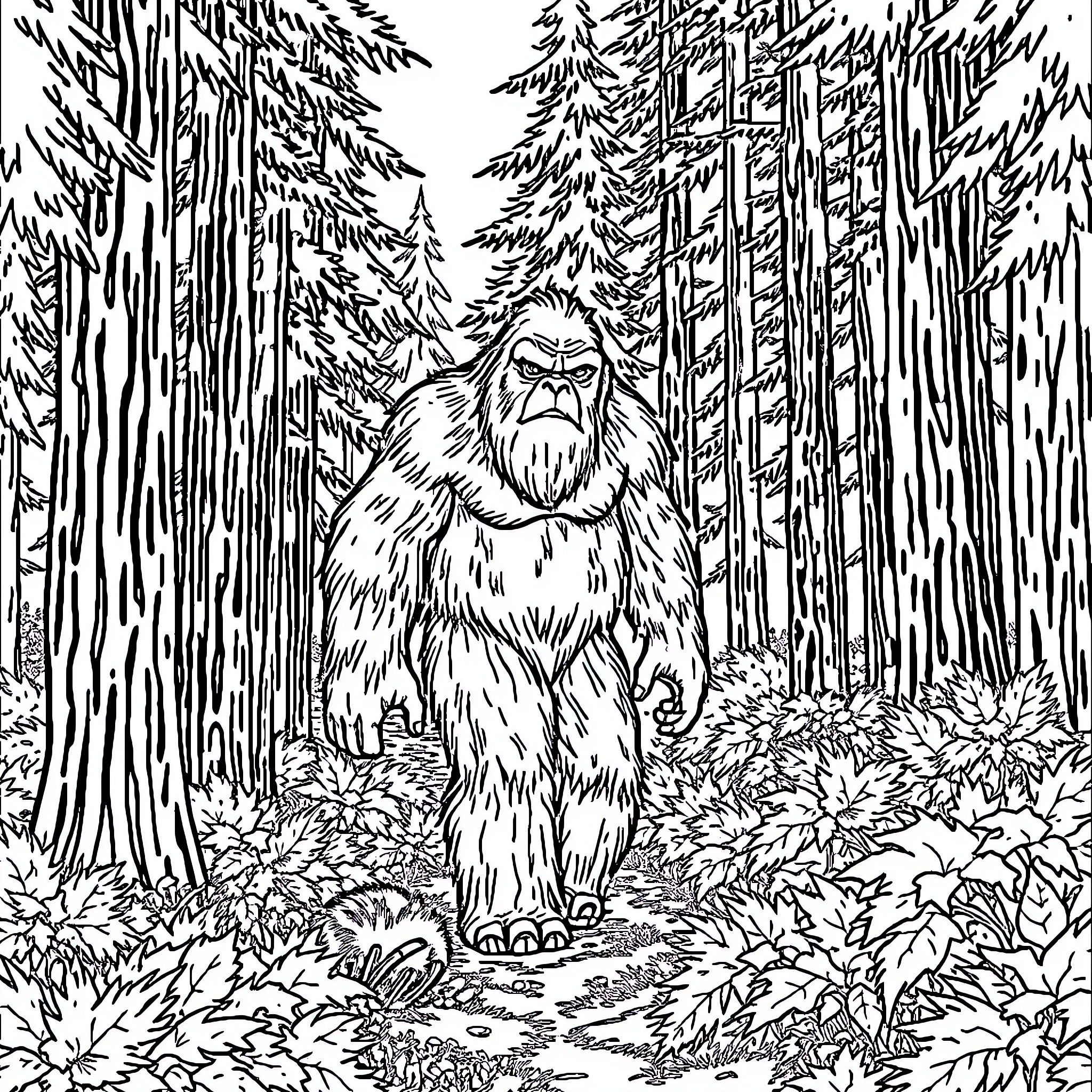 Bigfoot exploring the mysterious forest Coloring Page (free black-and-white line drawing printable PDF for all, from beginners to advanced learners, including children, teens, adults, and seniors)