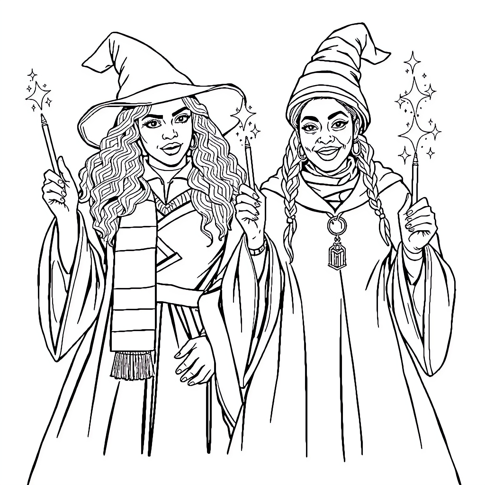 Wizard friends in magical attire Coloring Page (free black-and-white line drawing printable PDF for all, from beginners to advanced learners, including children, teens, adults, and seniors)