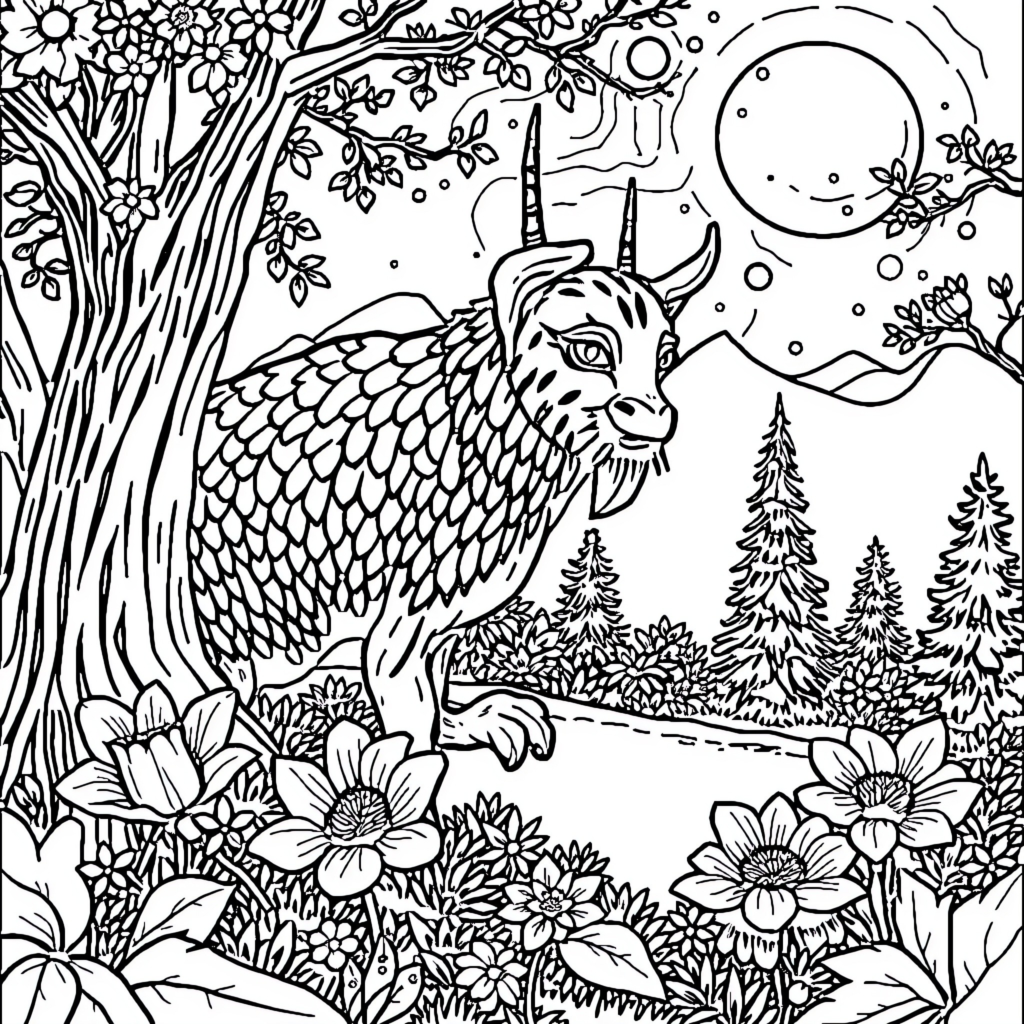 Evolis whimsical woodland creature in moonlit night Coloring Page (free black-and-white line drawing printable PDF for all, from beginners to advanced learners, including children, teens, adults, and seniors)
