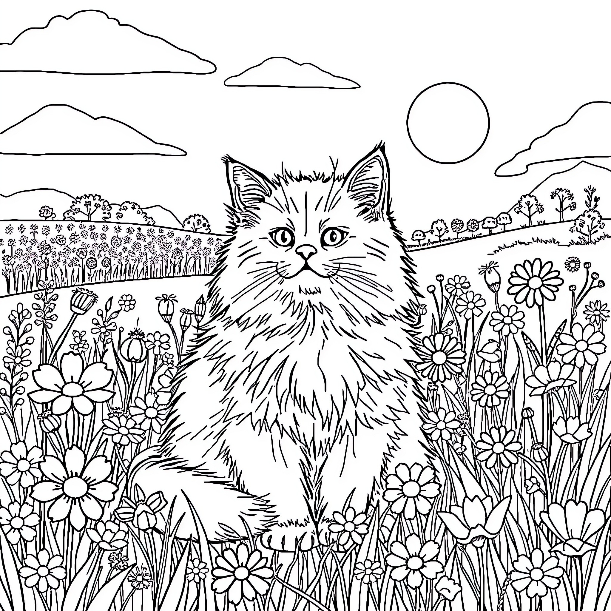 Cat Enjoying Serene Flower-Filled Landscape Coloring Page (free black-and-white line drawing printable PDF for all, from beginners to advanced learners, including children, teens, adults, and seniors)