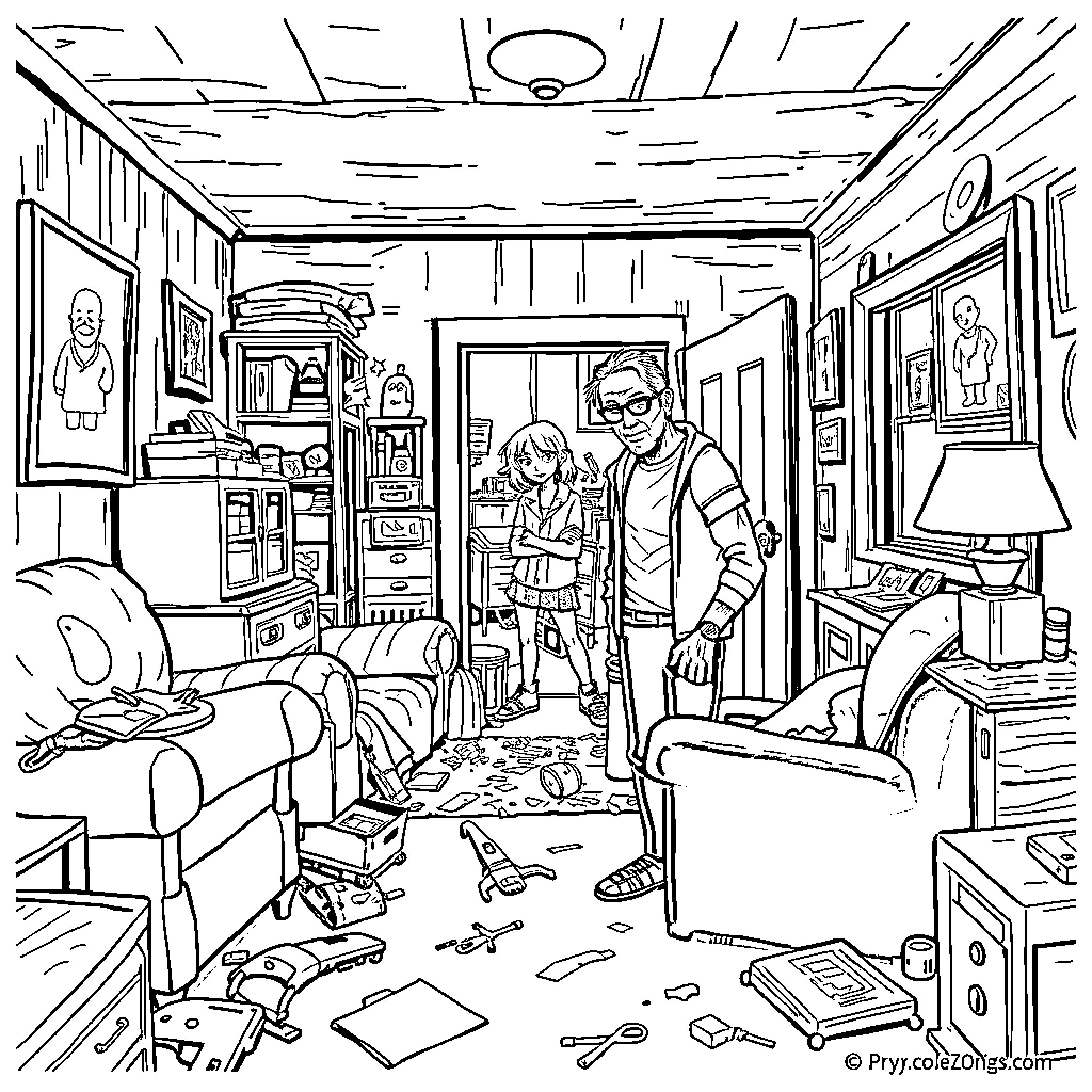 Charkuterier - Chaotic Domestic Scene with Clutter and Figures Coloring Page (free black-and-white line drawing printable PDF for all, from beginners to advanced learners, including children, teens, adults, and seniors)