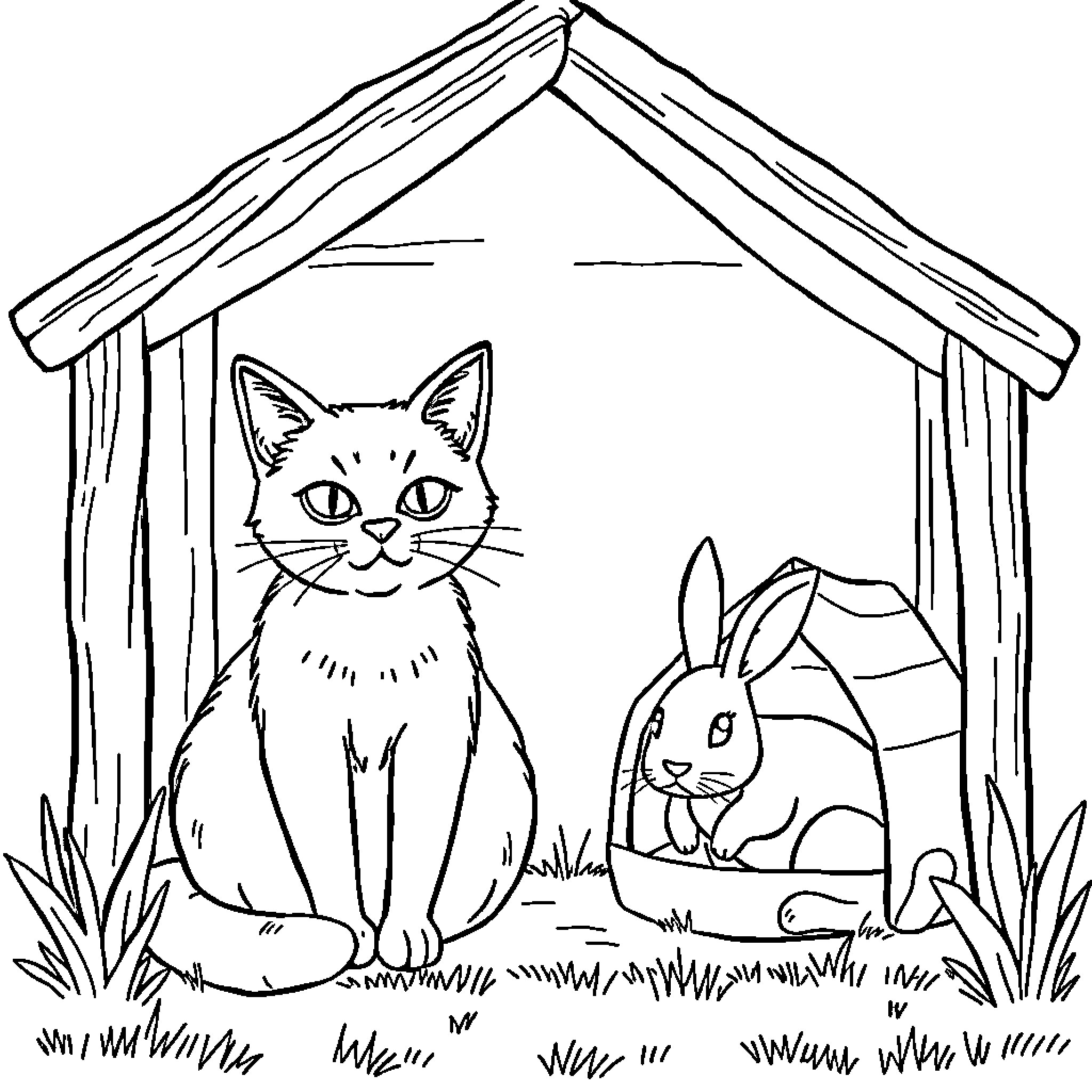 Cat and Rabbit in Outdoor Shelter Coloring Page (free black-and-white line drawing printable PDF for all, from beginners to advanced learners, including children, teens, adults, and seniors)