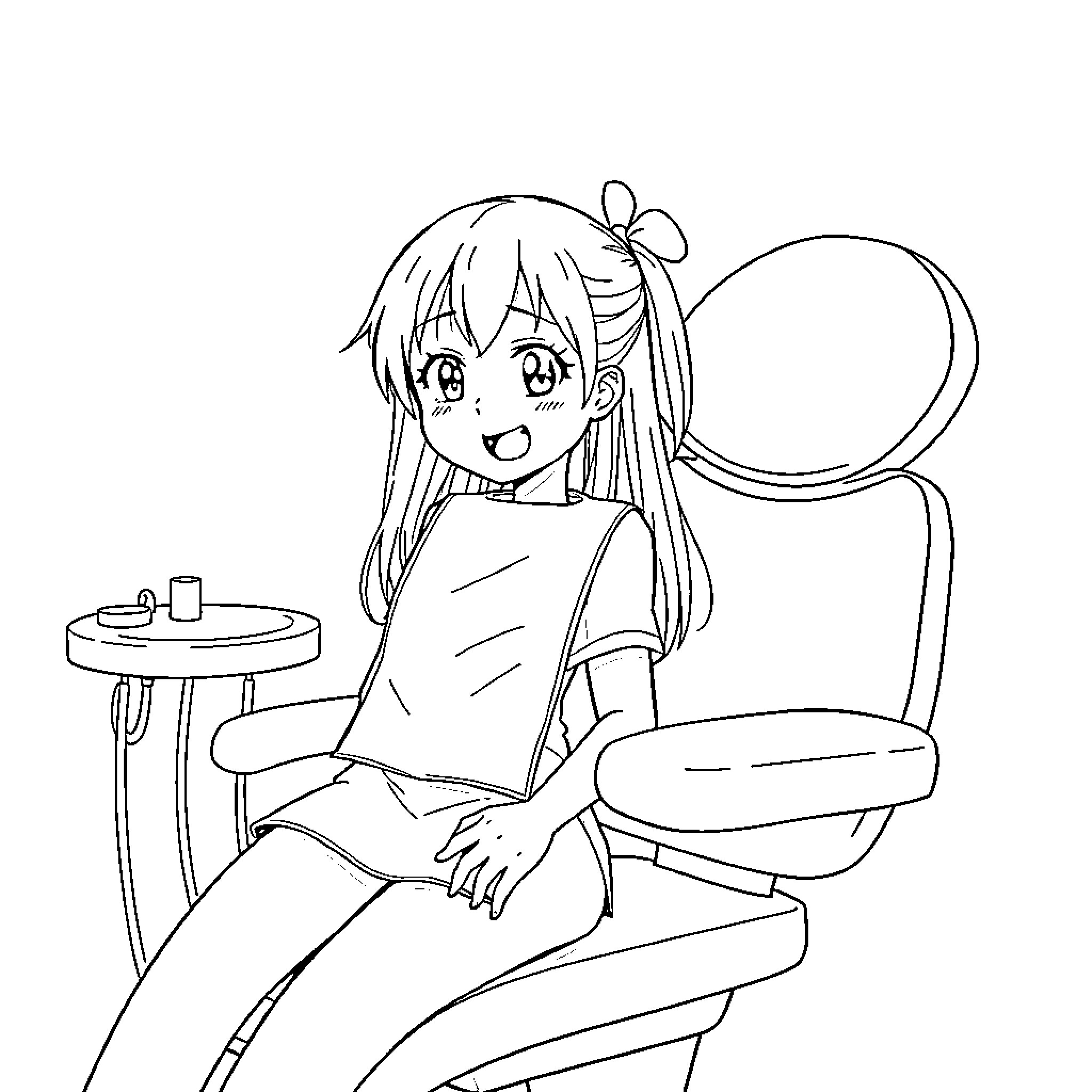 Anime Girl in Dental Chair Awaiting Treatment Coloring Page (free black-and-white line drawing printable PDF for all, from beginners to advanced learners, including children, teens, adults, and seniors)