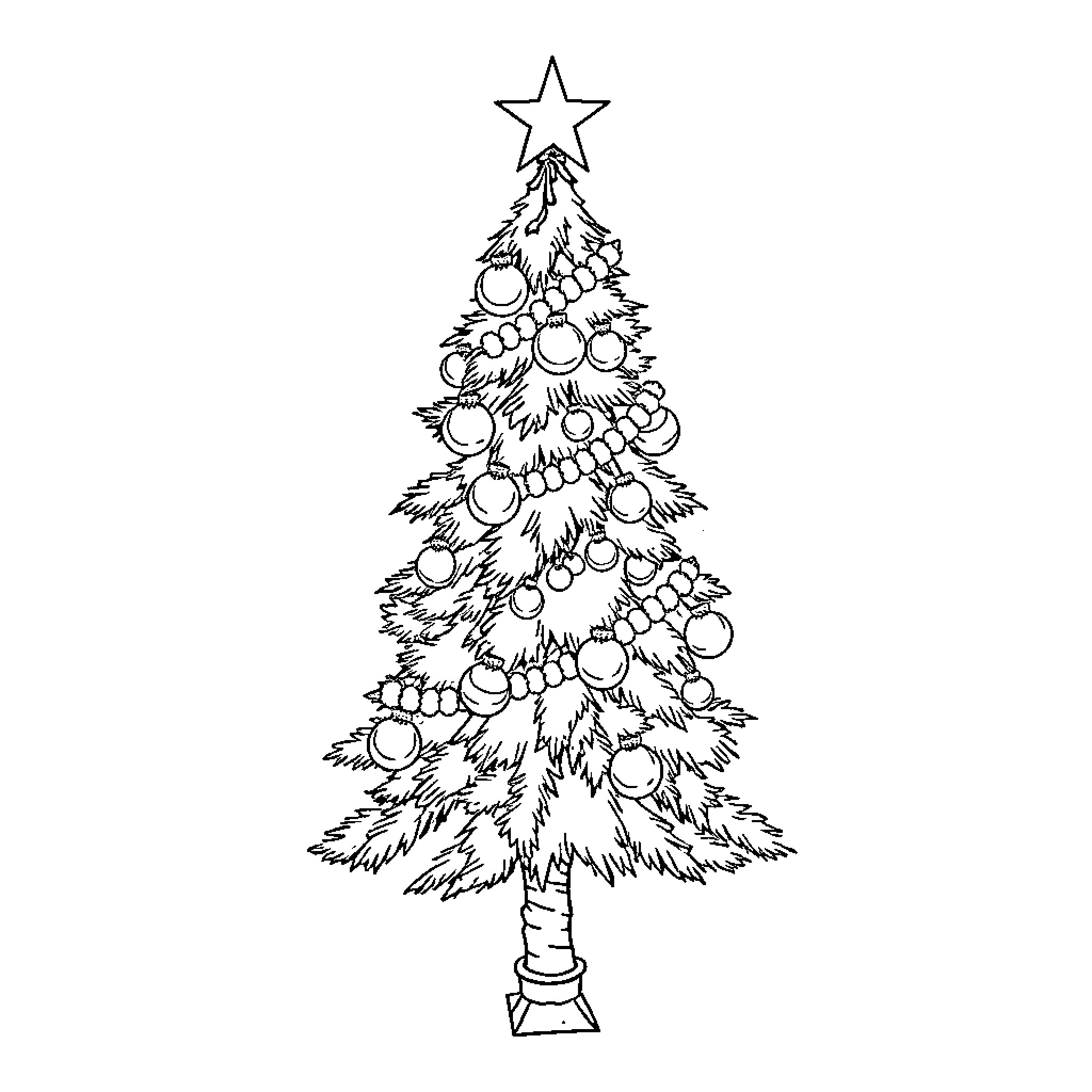 Christmas Tree with Ornaments Coloring Page (free black-and-white line drawing printable PDF for all, from beginners to advanced learners, including children, teens, adults, and seniors)