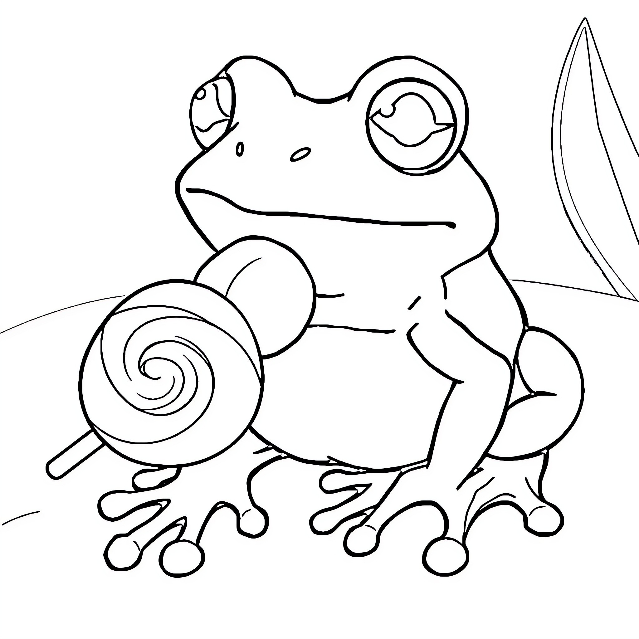 Frog with a Lollipop in a Whimsical Scene Coloring Page (free black-and-white line drawing printable PDF for all, from beginners to advanced learners, including children, teens, adults, and seniors)